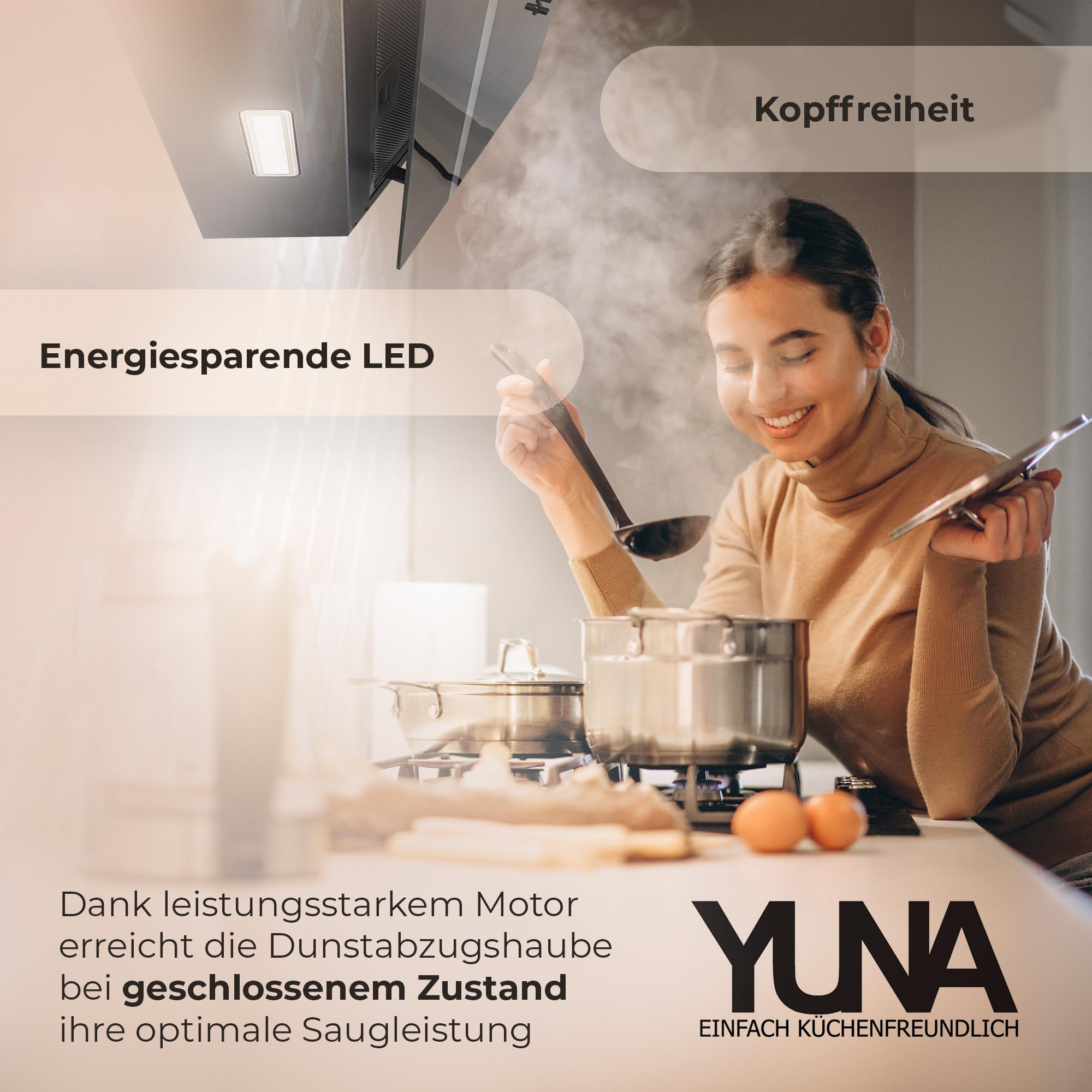 YUNA Dunstabzugshaube DURESA 60 cm Schwarz Glasfront 3 Leistungsstufen 47W Motorleistung Energieeffizienz A Abluft Umluft Kopffrei LED Beleuchtung Ohne Kohlefilter Wandhaube