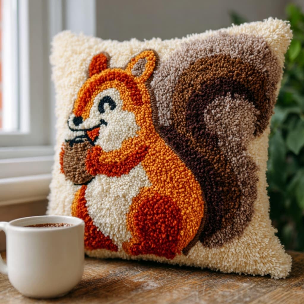 WallustrioaW DIY Latch Hook Pillow Kit,Squirrels Pillowcase Kits Embroidery Kits 17X17 Inch DIY Needlework Pillow Cover Sofa Cushion Rug Making
