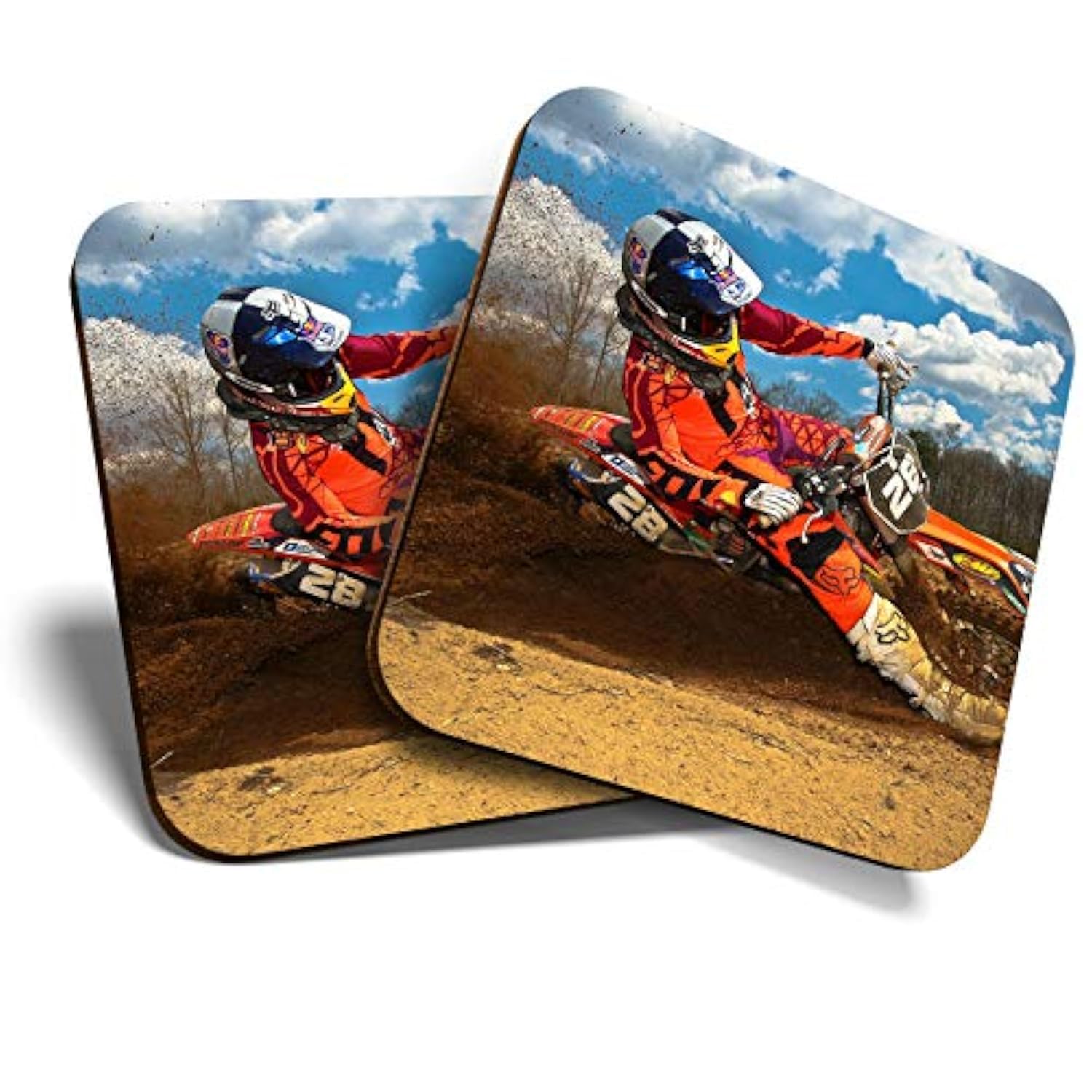 Great Coasters (Set of 2) Square/Glossy Quality Coasters/Tabletop Protection for Any Table Type - Stunt Bike Motocross Motorbike Biker #8088