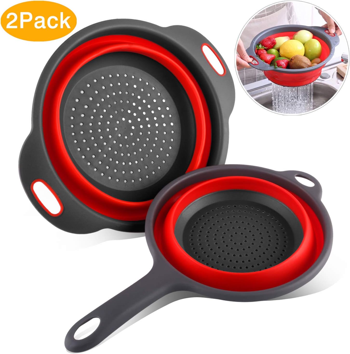Collapsible Colander, McoMce Silicone Collapsible Strainer, Folding Heat Resistant Collander Set, Kitchen Colander Strainer Veggie Wash Fruit & Vegetable Wash, with Handles Pasta Strainer(2 Pack)