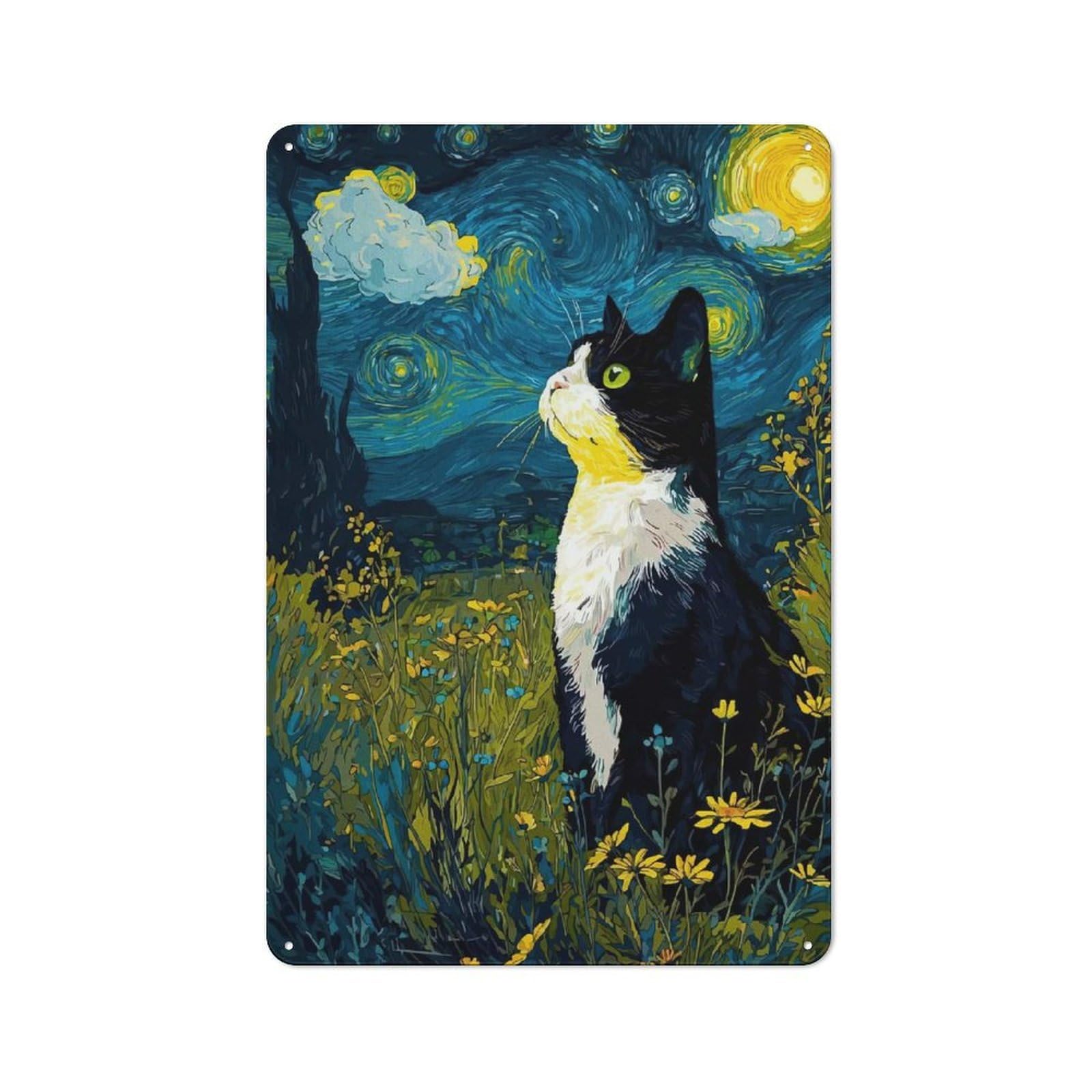 Junmoney Style Starry Night Cat Rustic Tin Sign 30X20cm For Café Or Restaurant, For Café Owners And Decorators, For Retro Home Interiors