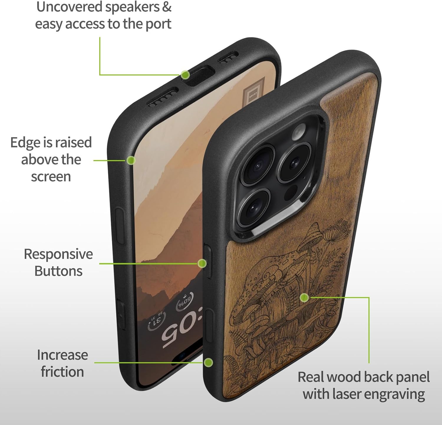 Carveit Magnetic Wooden Case for iPhone 16 Pro Max Case, Wood Artisan Engraved & Black Soft TPU Shockproof Cover, Compatible with MagSafe Wireless Chargers (Vintage Mushrooms) Walnut