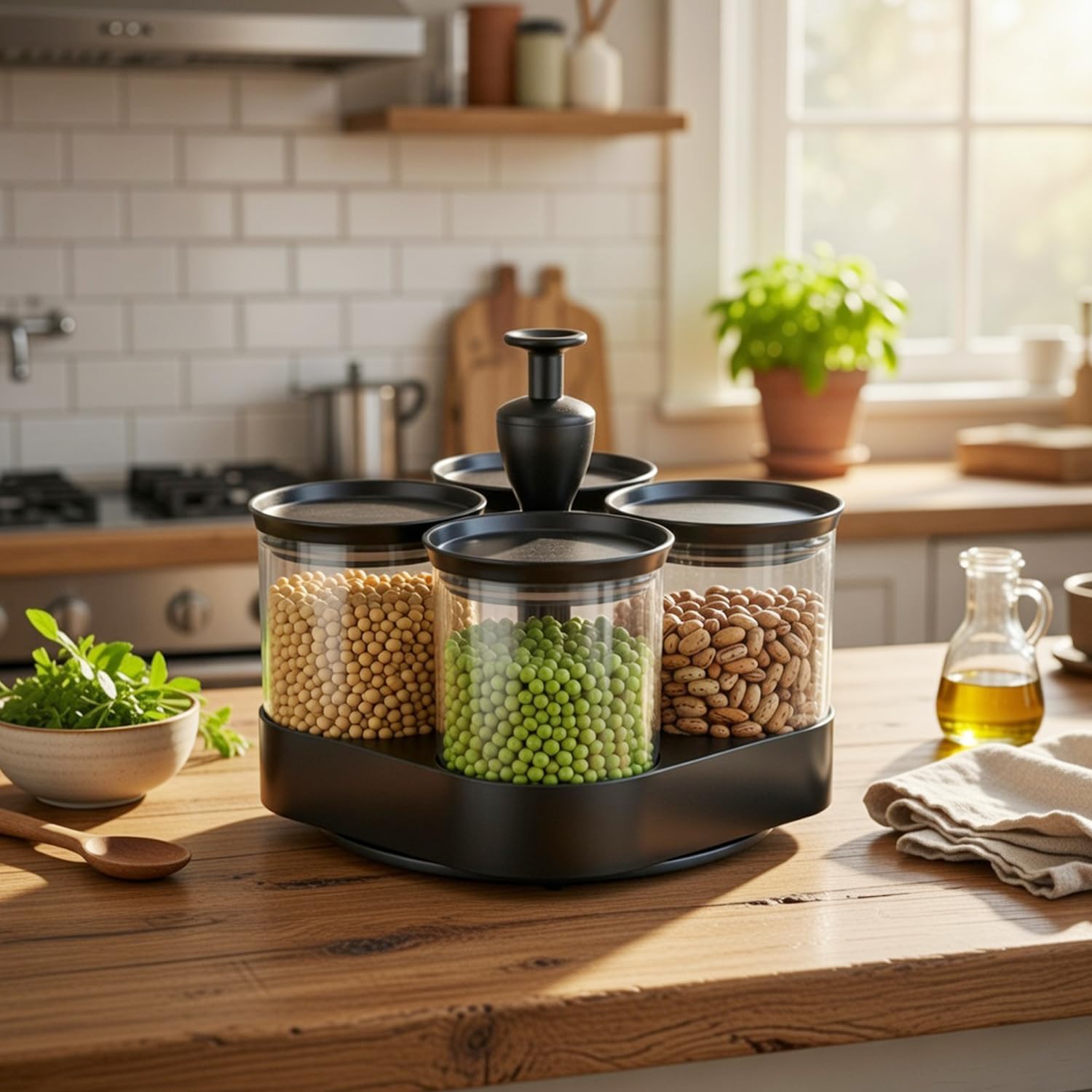 360° Rotating Storage Jar Set with Clear Glass Containers, 4-Piece Kitchen Organizer with Black Tray, BPA Free, Space Saving Design for Spices, Nuts, Flour (600, Milliliters)-image-33