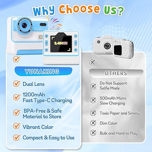 Miniatura 6 de Juguetes de cámara para niños para niños cámara de impresión instantánea, regalo de cumpleaños de Navidad para niños y niñas, pantalla de 2.4