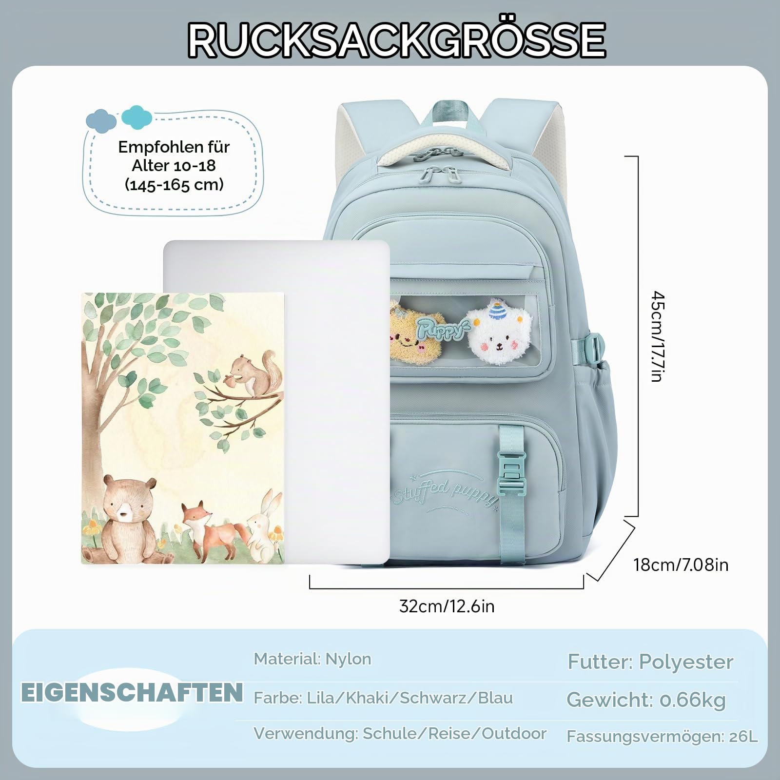 Amythe Schulrucksack Mädchen Teenager 3. - 7. Klasse für Schule Reisen