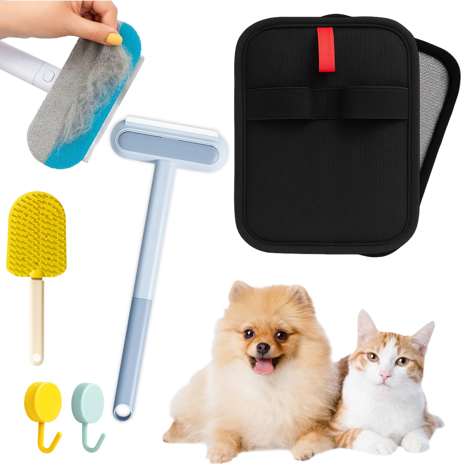 YenMzx Pet Hair Removal Glove, Cat Grooming Glove, 5 in 1 Multi-Functional Pet Hair Removal Set (with Hook and Carpet Rake)