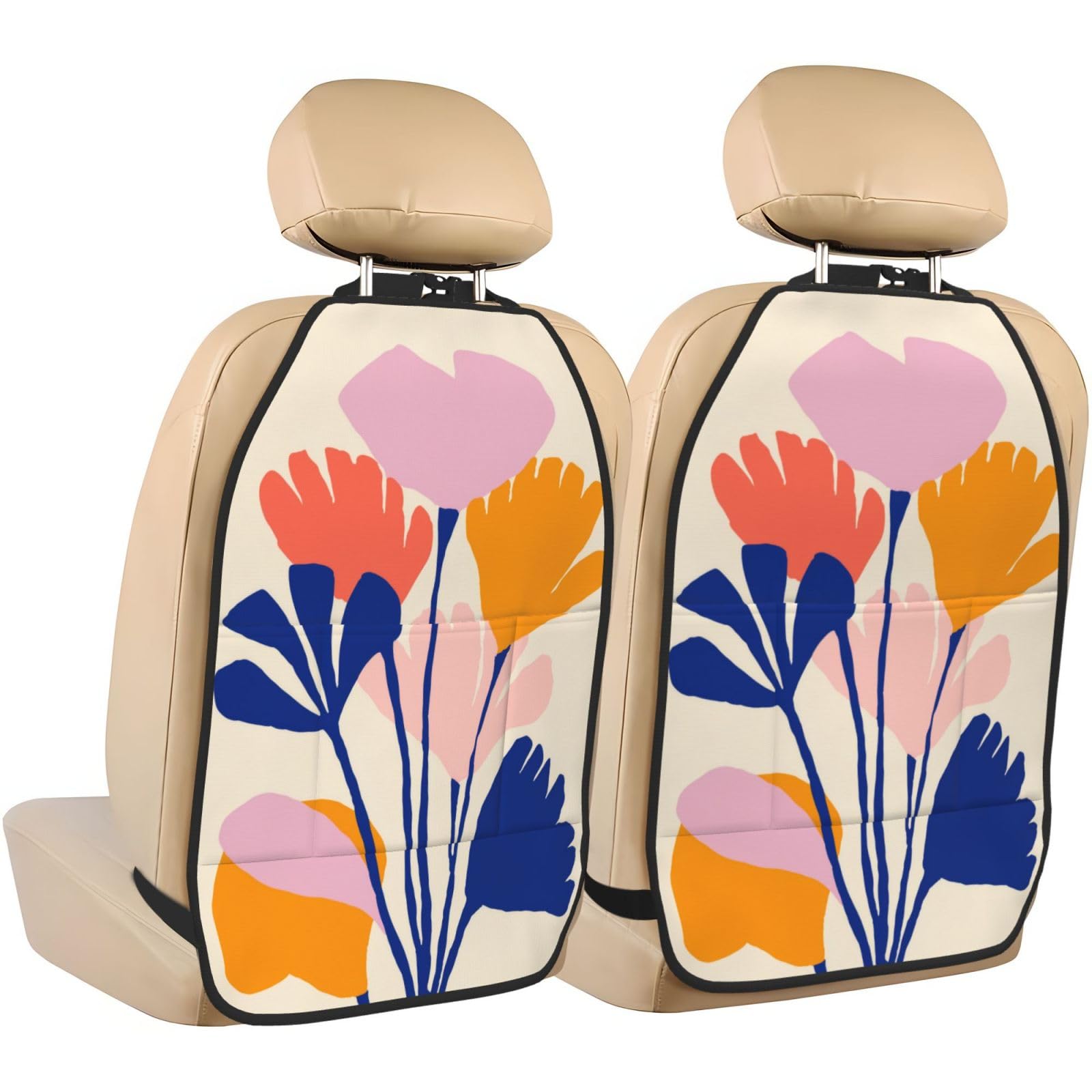 Colorful Flower Floral Cutouts Boho Car Seat Back Kick Protectors,2 Pack Kick Mats With Storage Pockets For Vehicles To Protect From Dirt Mud Scratches