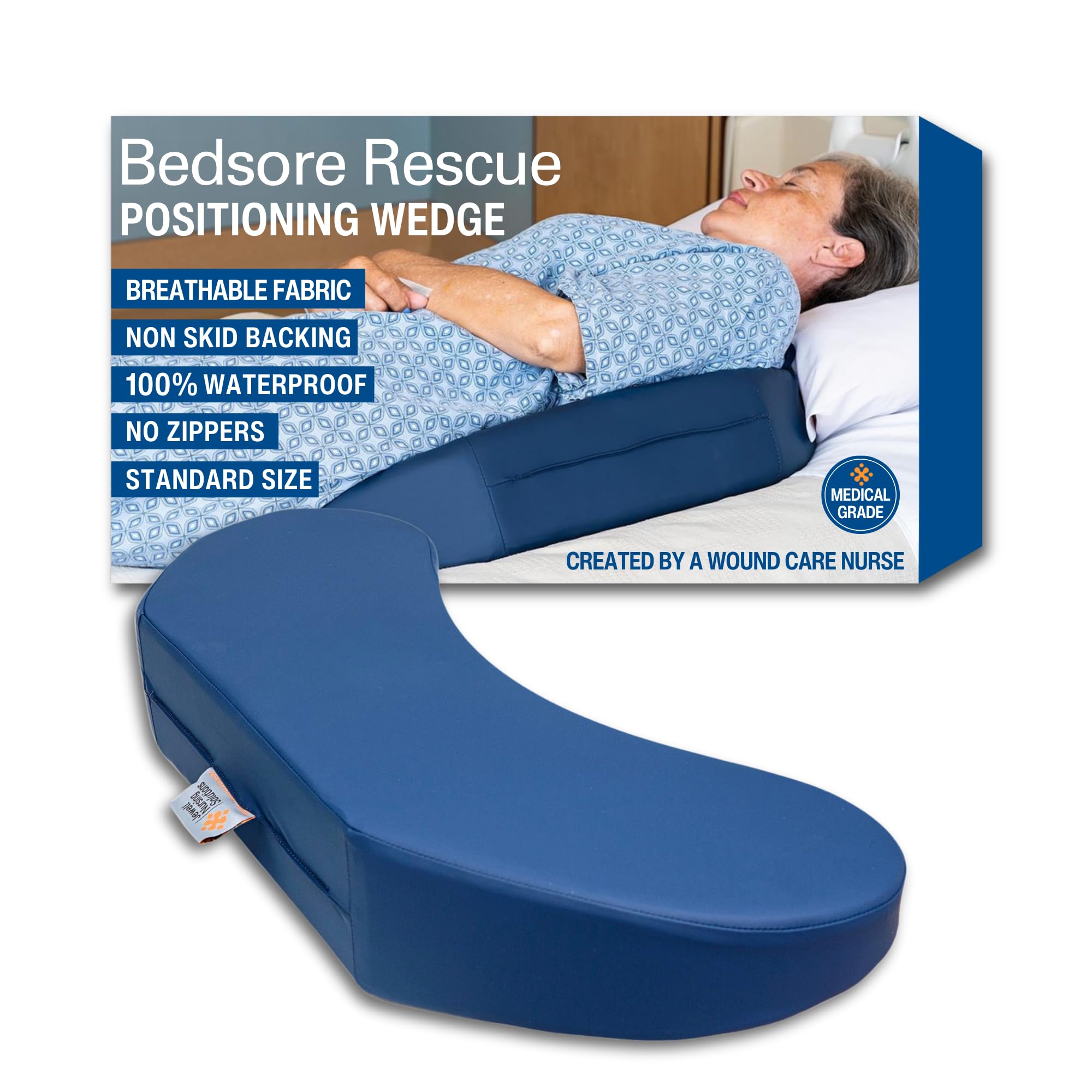 Bedsore Rescue Positioning Pillow Wedge - Tailbone, Sacrum, Buttocks, Standard Size 100-250bs - Hypoallergenic + Moisture Proof - Non-Slip Turning Wedge - Medical Grade Hospital to Home - Made in USA