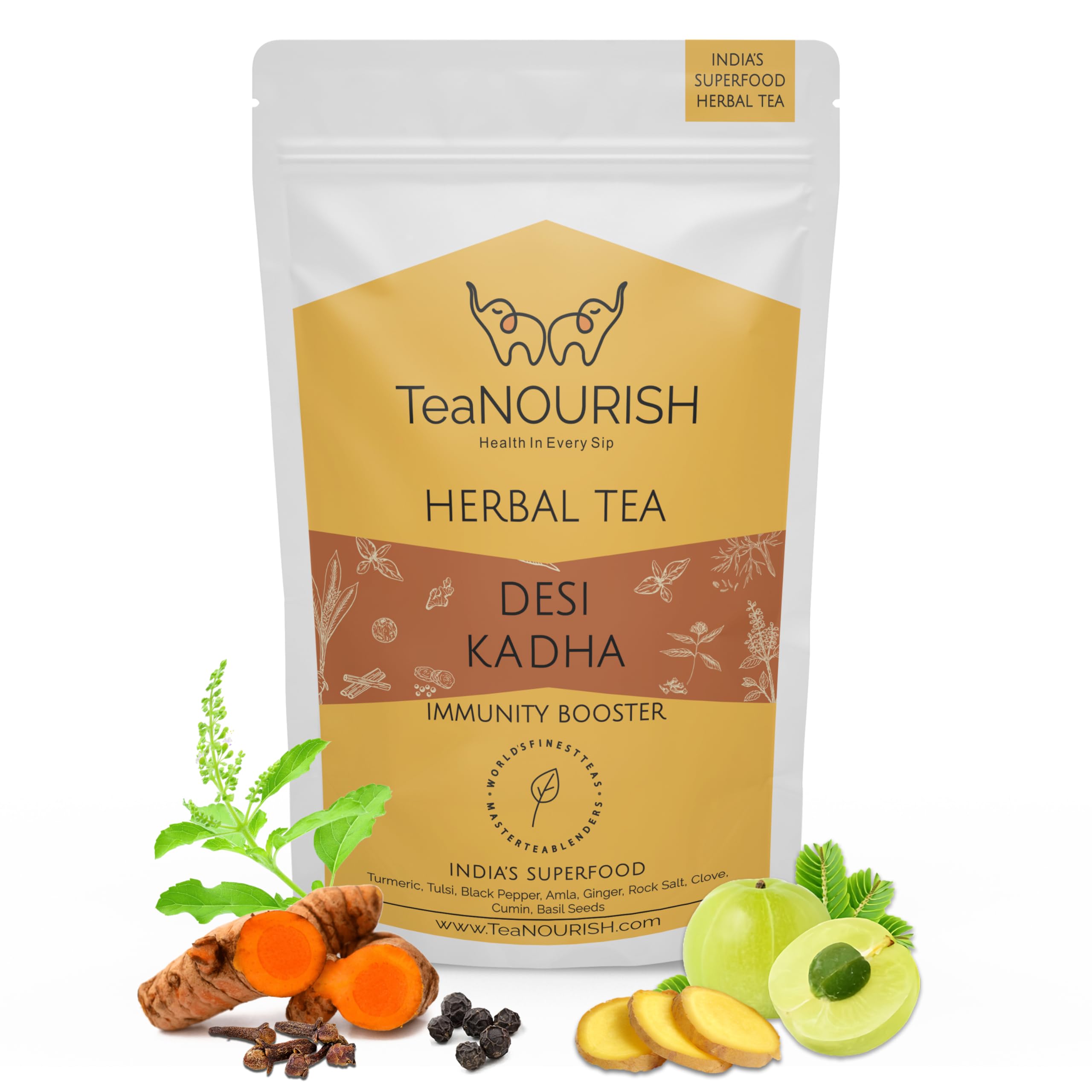 TeaNOURISH Desi Kadha | Immunity Booster Herbal Tea | Indian Superfoods Turmeric, Amla, Tulsi, Ginger & Rock Salt | Relaxing & Warming | 100% NATURAL - 3.53oz/100g