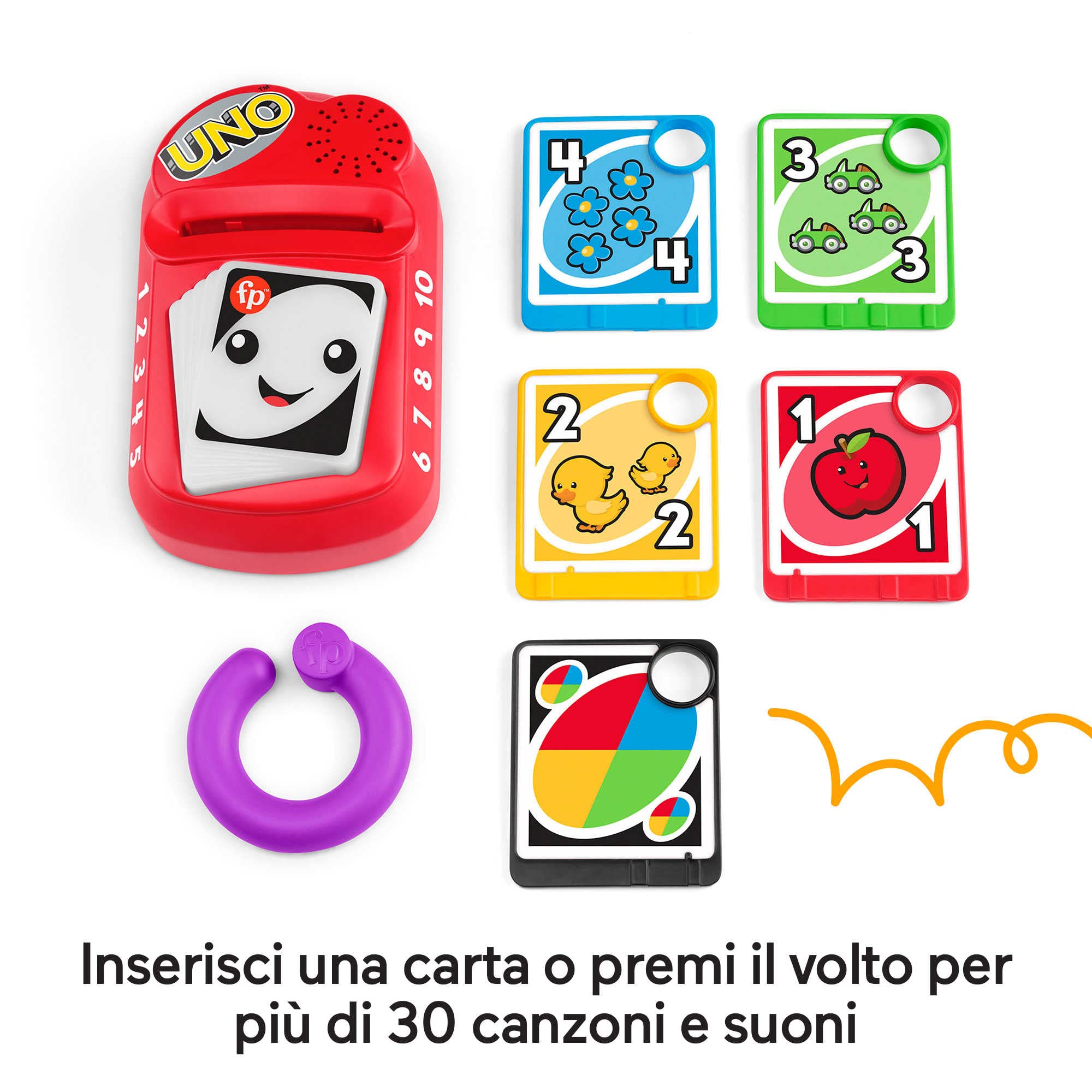 Fisher-Price - Baby Uno Numeri e Colori, Include 5 Carte da Inserire nel Lettore con Luci e Suoni, Giocattolo Elettronico Portatile Edizione Italiano+Portoghese+Spagnolo+Inglese, 6+ Mesi, HHG94