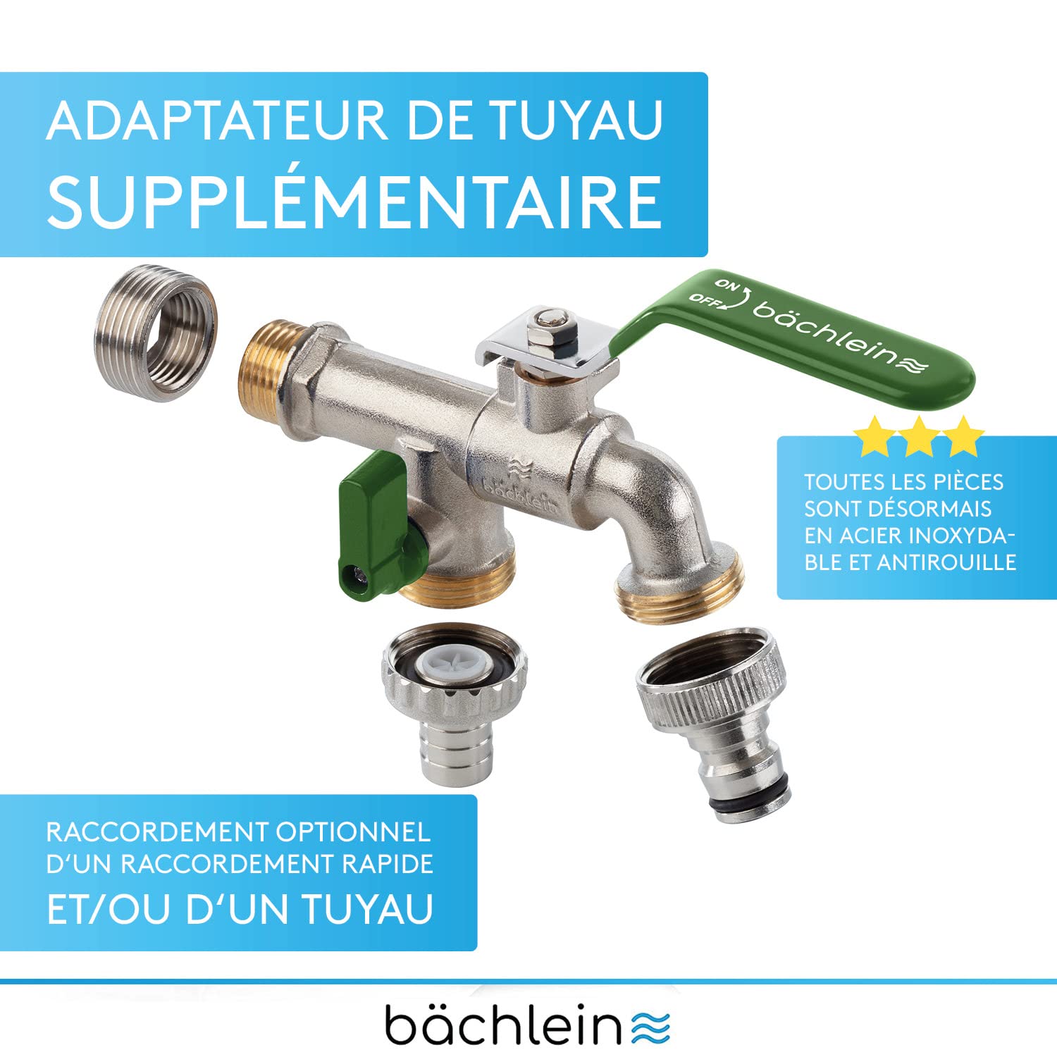Bächlein Robinet Universel Double Jardin 2 Raccordements Tuyau Boisseau Sphérique 1/2 3/4 Pouces Sortie Extérieur