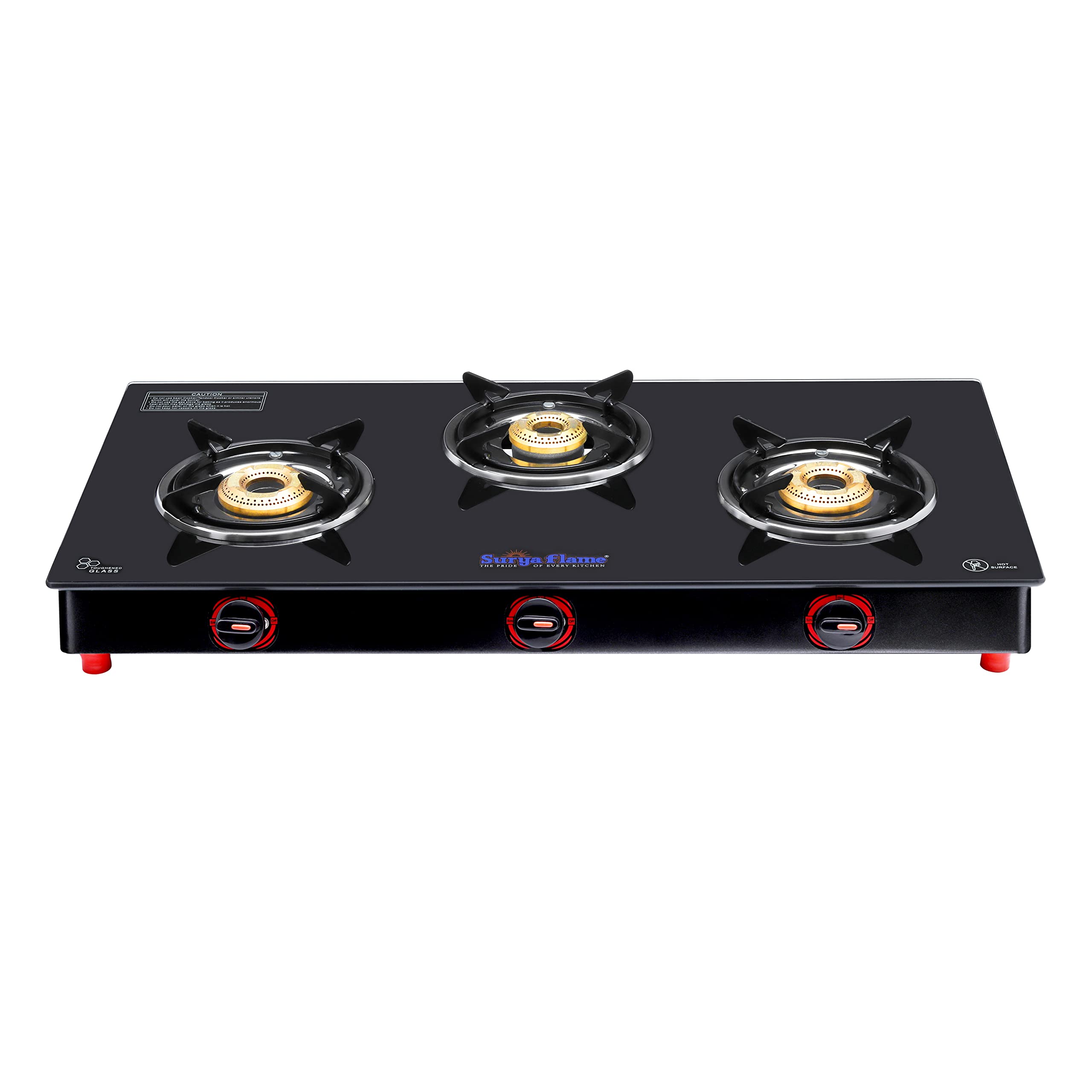 Surya Flame PNG Gas Stove 3 Burners Glass Top with High Powered Brass Burner, Premium Toughened Glass & Powder Coated Body for Modular Kitchen, ISI Certified & 2 Years Warranty with Doorstep Service