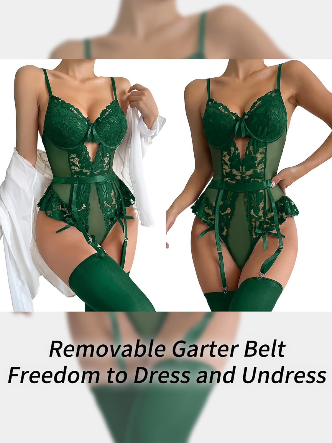 Lilosy Sexy Stocking Lace Mesh Bodysuit Top Underwire Garter Lingerie Set 3 Piece - Image 2