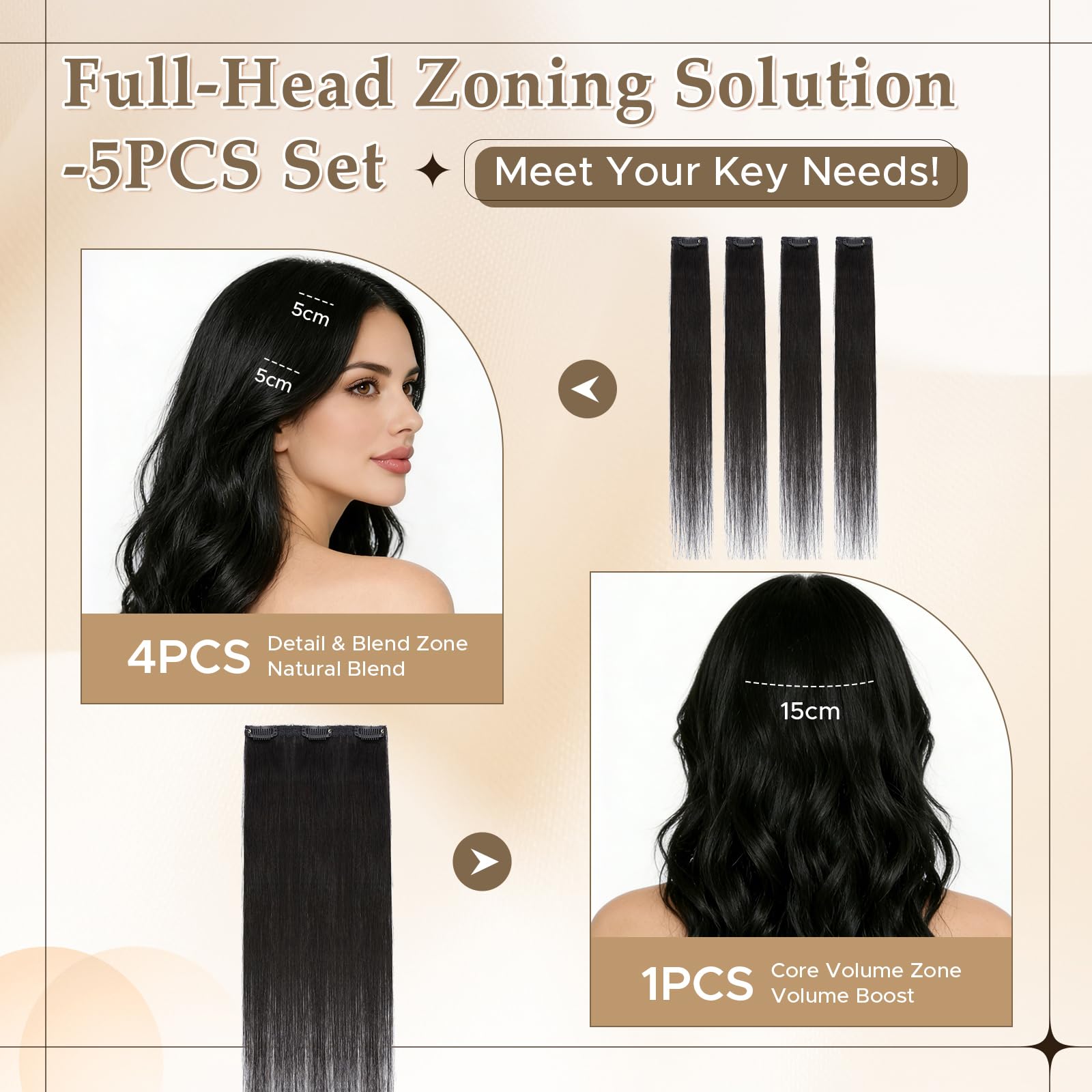MY-LADY 5 Stück Clip in Extensions Echthaar Glatt #1B Natürliches Schwarz 52g 50cm - 4PCS Einzelclips + 1PCS Dreifach-Clip Lace Basis Clip in Human Hair Extensions für Natürlichen Look & Highlights