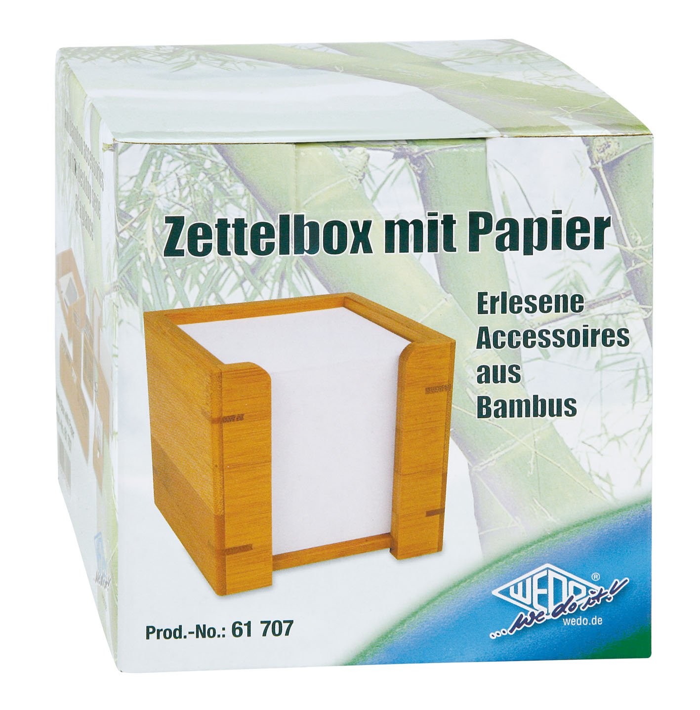 Wedo 61707 Zettelbox Bambus, inkl. 900 Blatt Papier 9 x 9 cm, im Geschenkkarton, braun