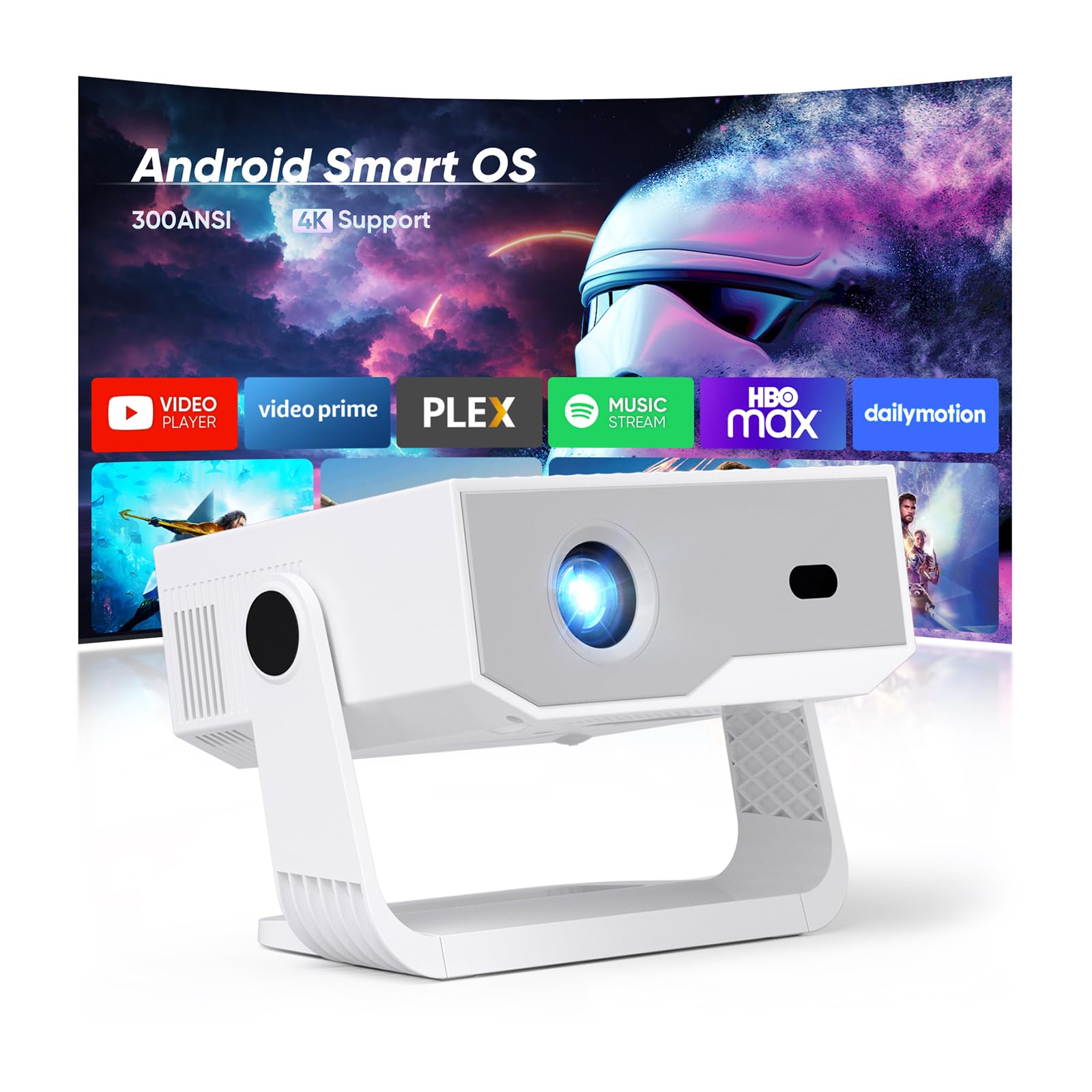 2026 Upgraded Proyector Portátil | Soporta 4K/1080P , 300ANSI, Android TV,WiFi6 + BT 5.4,Enfoque eléctrico y Corrección Trapezoidal Automáticos,Rotación de 270°