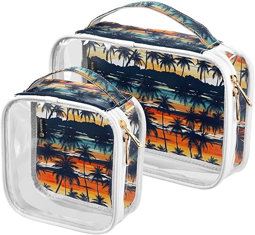 Miniatura 1 de Bolsa de aseo transparente con palmeras tropicales para viajes, paquete de 2 bolsas de cosméticos de maquillaje con cremallera, bolsa de viaje para