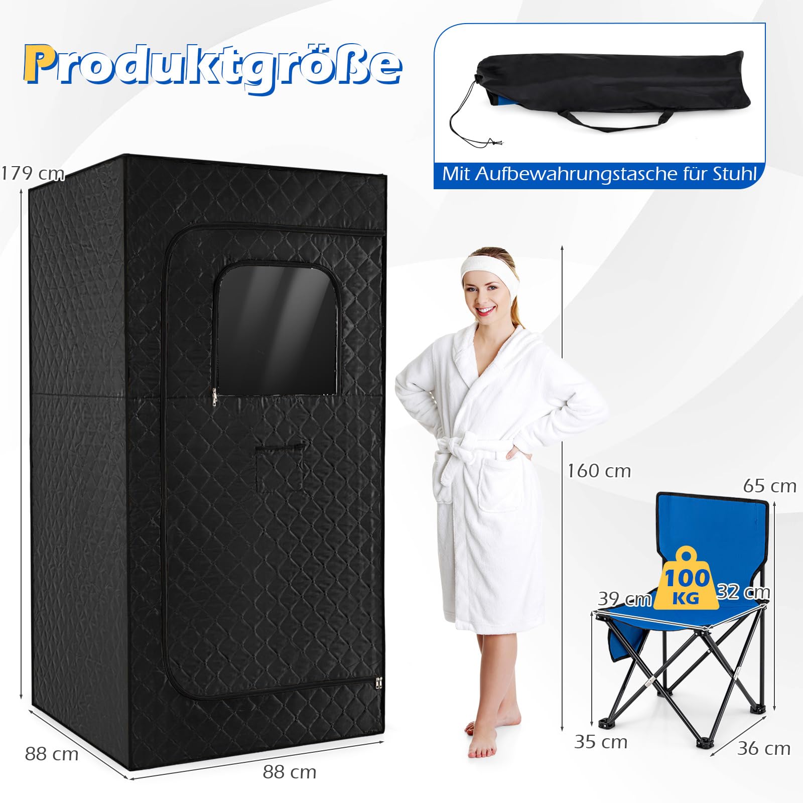 COSTWAY Sauna parowa 3 l, 1200 W, namiot do sauny z 15-stopniową regulacją temperatury, pilot zdalnego sterowania, timer, składane krzesło i mata, przenośna sauna domowa (88 x 88 x 179 cm, czarna)