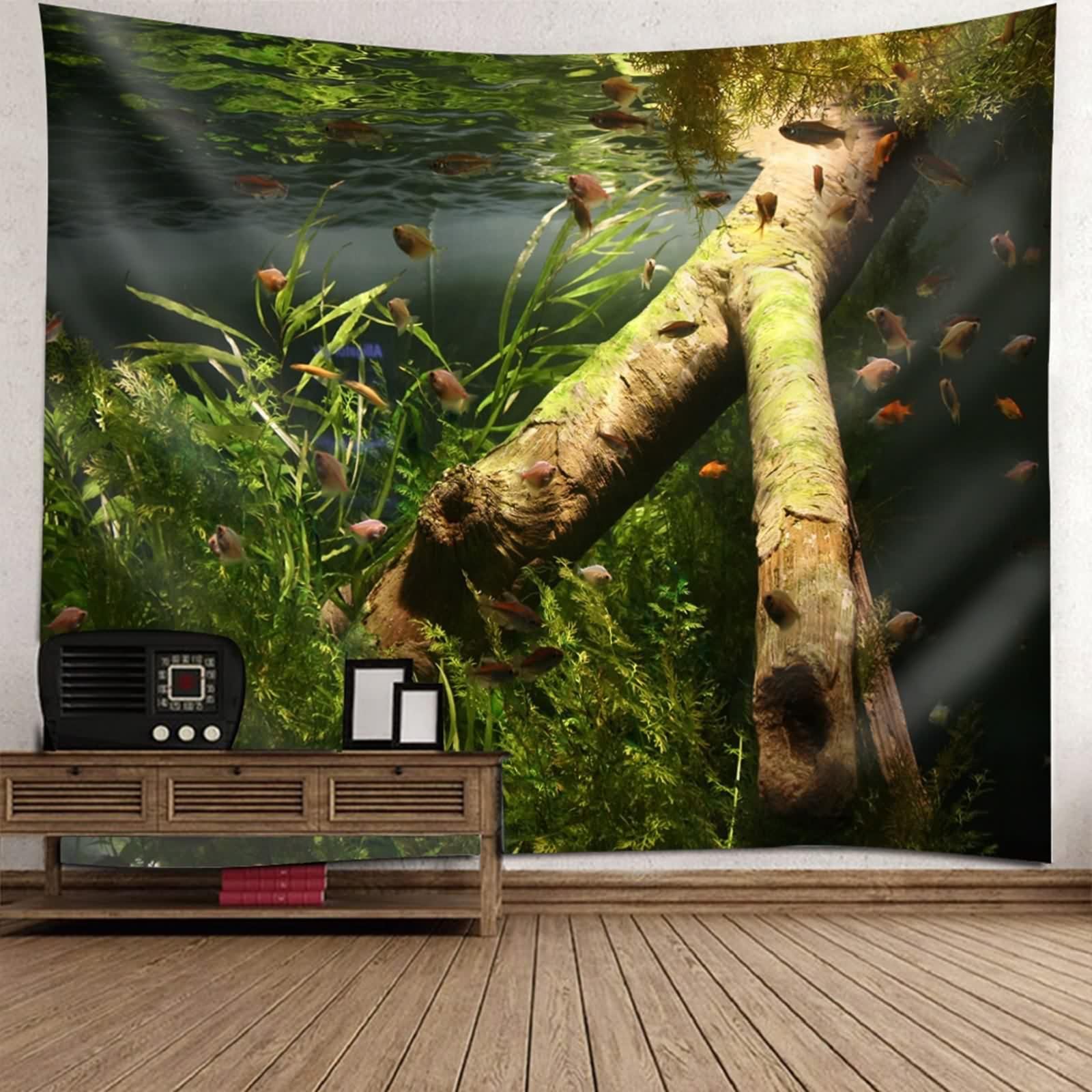Tolldek Dywan ścienny, naturalny, krajobraz, 240 x 220 cm, ryby, wodorosty, chusta na ścianę, brązowy, zielony, gobelin, dekoracja domu, do mieszkania