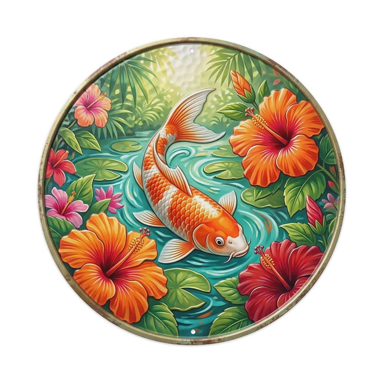 Hibiscus Tropical Bloom Koi Fish Metal Tin Sign