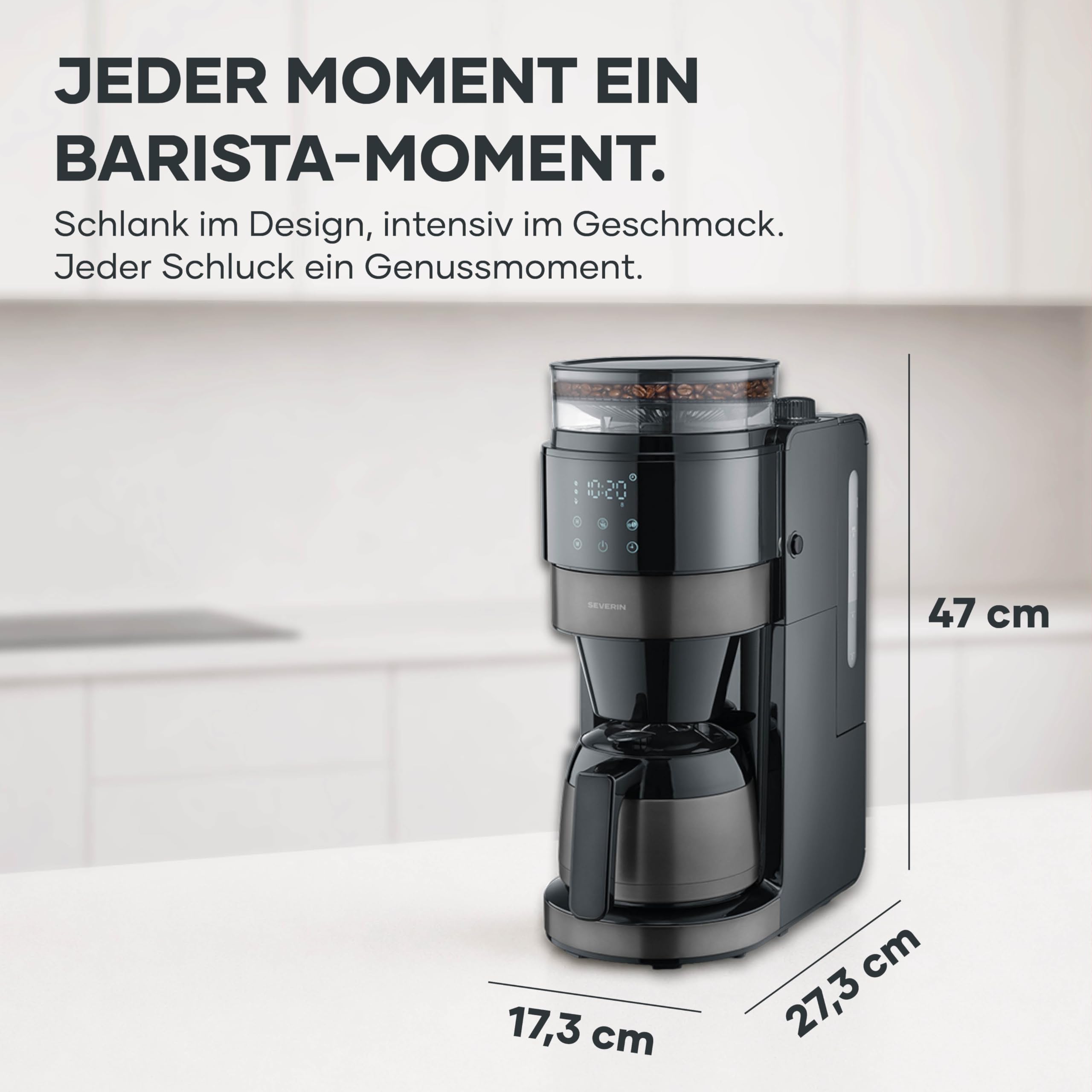 Severin Filter-Kaffeemaschine mit Thermokanne und Mahlwerk, 1L Füllmenge, bis zu 8 Tassen, Tropf-Stopp, intensives Aroma, automatische Abschaltung, LED-Display, 900W, dark inox, schwarz, KA 4831