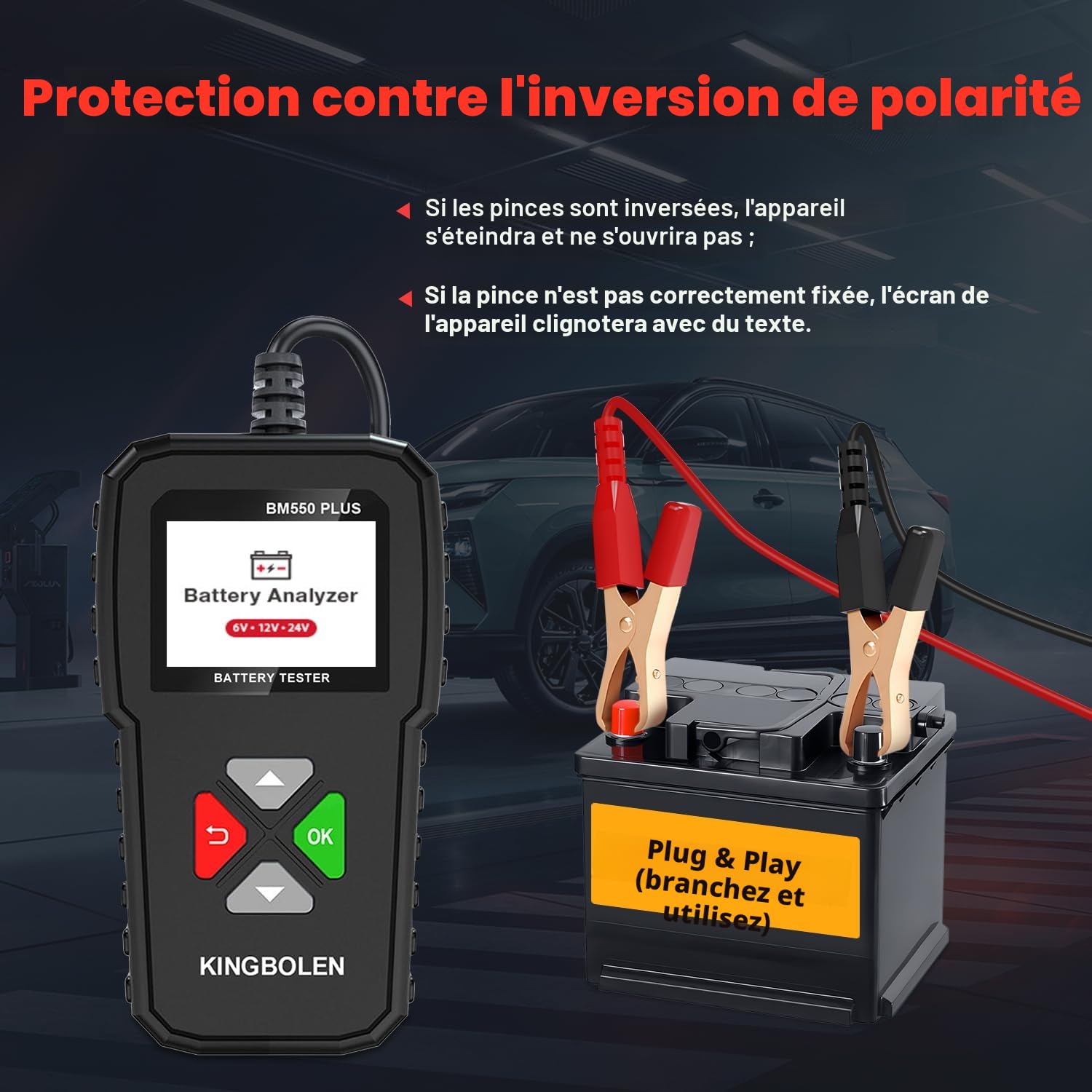 KINGBOLEN BM550 PLUS Testeur de Batterie AUTO 6V 12V 24V Écran LED, 100-2000 CCA 2-200Ah Testeur d’alternateur automobile Analyseur de batterie numérique pour Voiture/Camion/Moto/ATV/SUV/Bateau/Yacht
