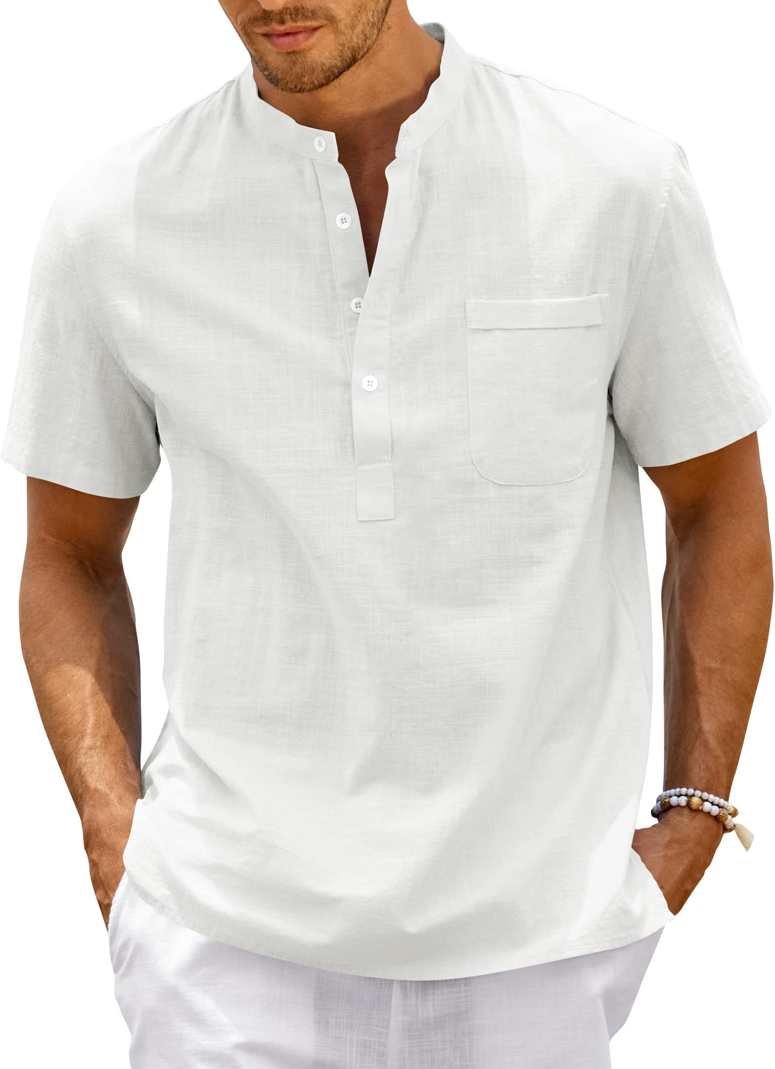 Enjoybuy Mens Linen Henley Shirts Summer Short Sleeve T Shirt Banded Collar Casual Beach Tops White, Medium
