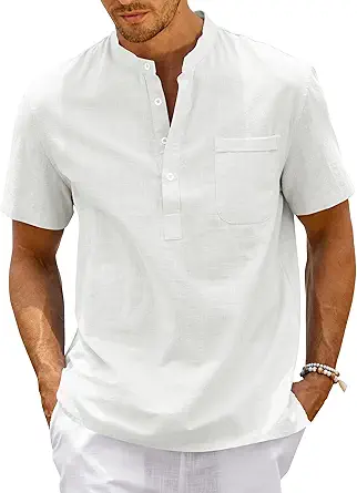 Enjoybuy Men's Linen Henley Shirts Summer Beach Short Sleeve Loose Fit T Shirt Button Up Lightweight Casual Tops