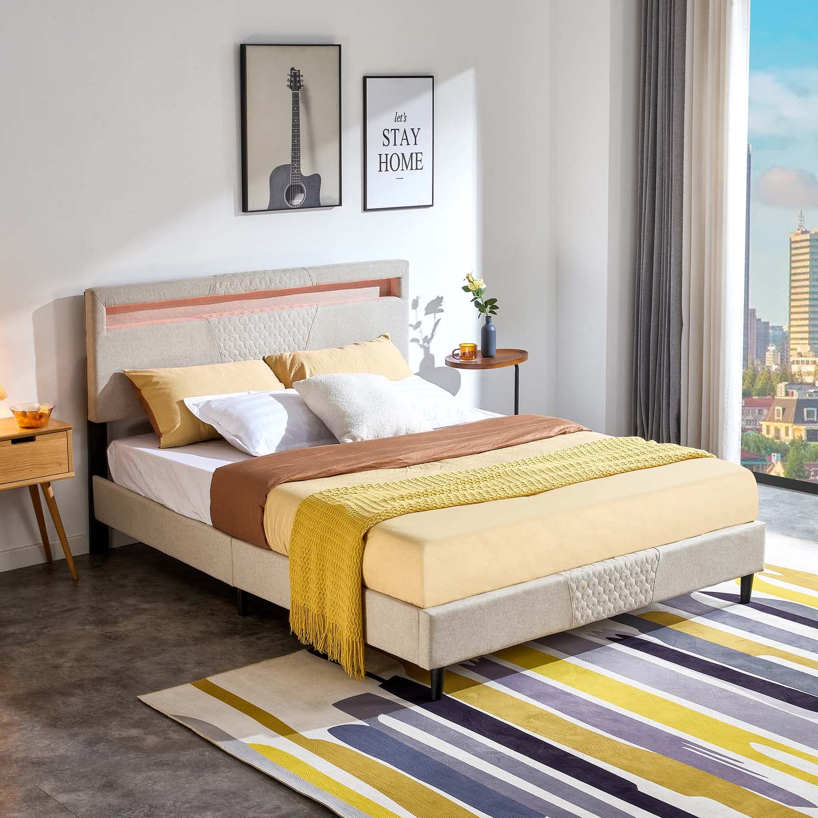 King Size Upholstered Platform Bed Frame with Adjustable Headboard 16 Colors LED Light Mattress Foundation for Boys Girls