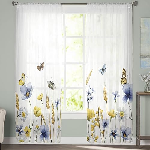 Miniatura 8 de Cortinas traslúcidas florales de primavera de 45 pulgadas de largo, juego de 2 paneles de tulipanes azules y amarillos, cosecha de trigo botánico,
