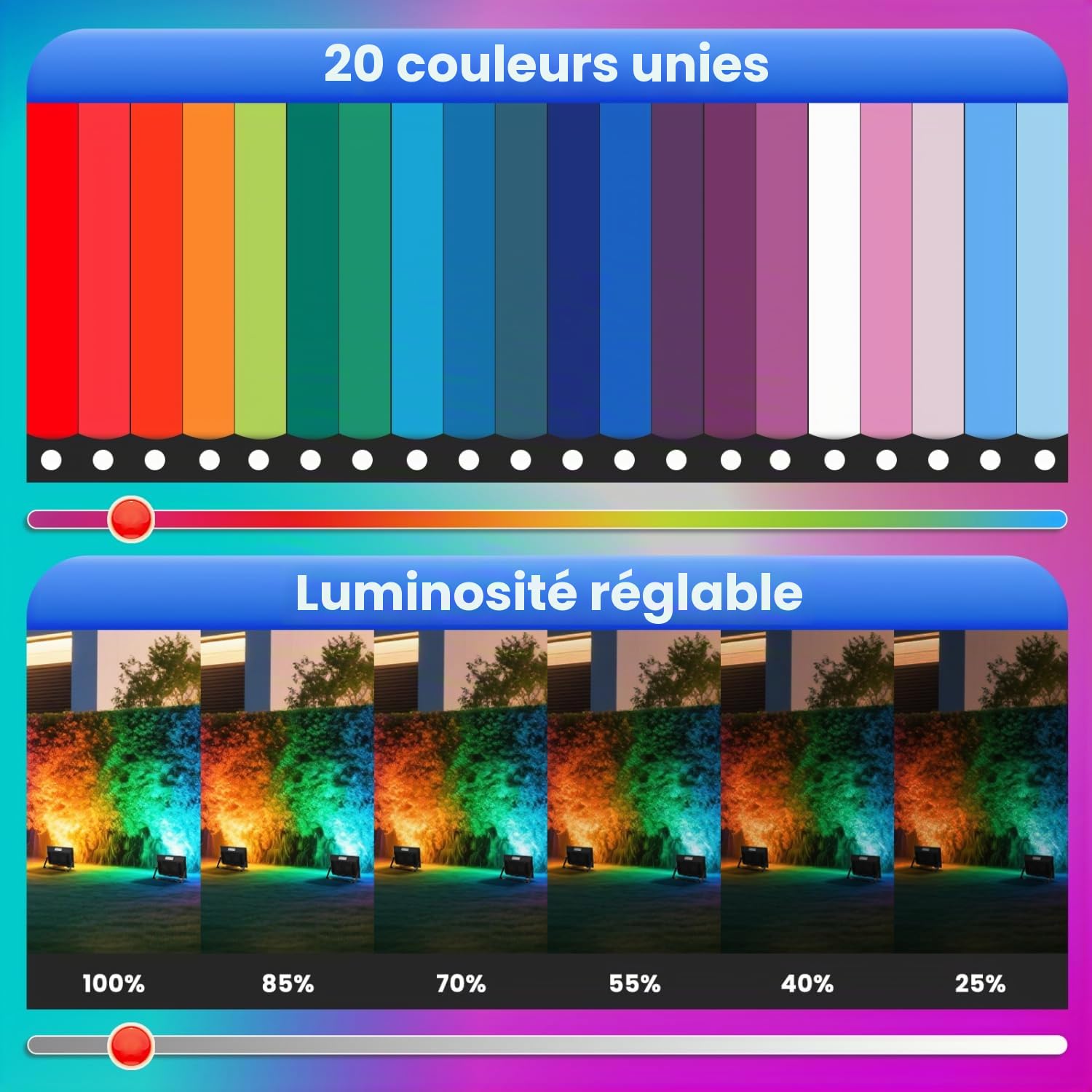 Aigostar - Projecteur LED RGB d’extérieur de 50W,6 Modes Stroboscopiques,Mode DIY, Minuterie.Projecteur led avec Prise et Étanchéité IP65 pour jardin, Câble de 1,5 m,2 Pièces