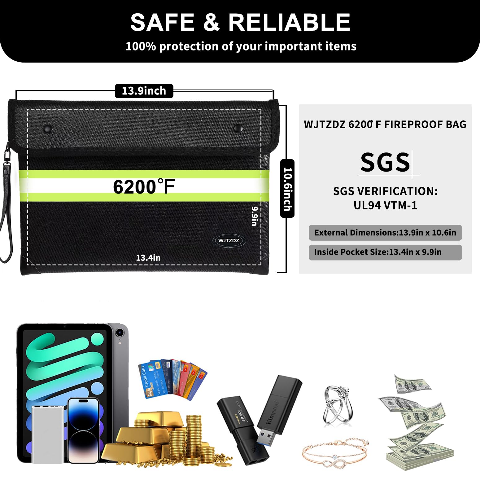 6500°F Upgraded Fireproof Money Bag,10 Layers of Heat Insulated Materials,Fire Proof Box with Waterproof Zipper/Reflective Strip,Document Bag with Handle for Cash,Important Documents - Image 5