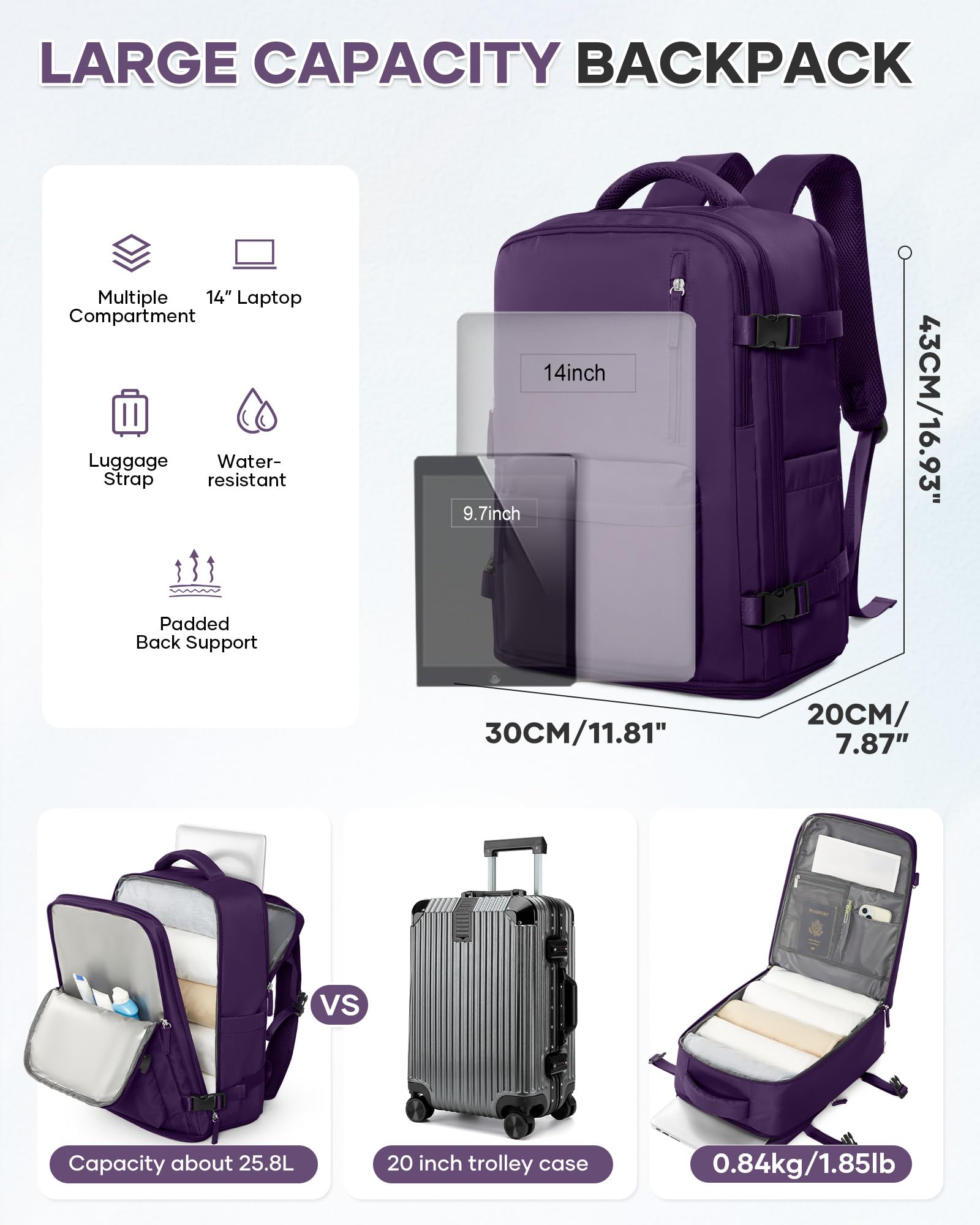 WONHOX Large Travel Backpack Women,Carry On Laptop Backpack Flight Approved,Mochila De Viaje Men Hiking Waterproof Rucksack Casual Daypack with Shoes Compartment,Personal Item Travel Bag Dark Purple