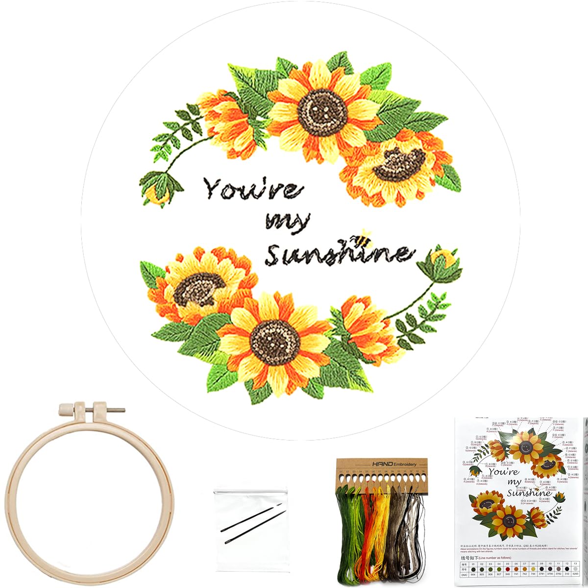 FONNUY Embroidery Kit for Beginners?Plants Flowers Pre-Stamped Pattern Kits for Adults with Hoop (You're My Sunshine)