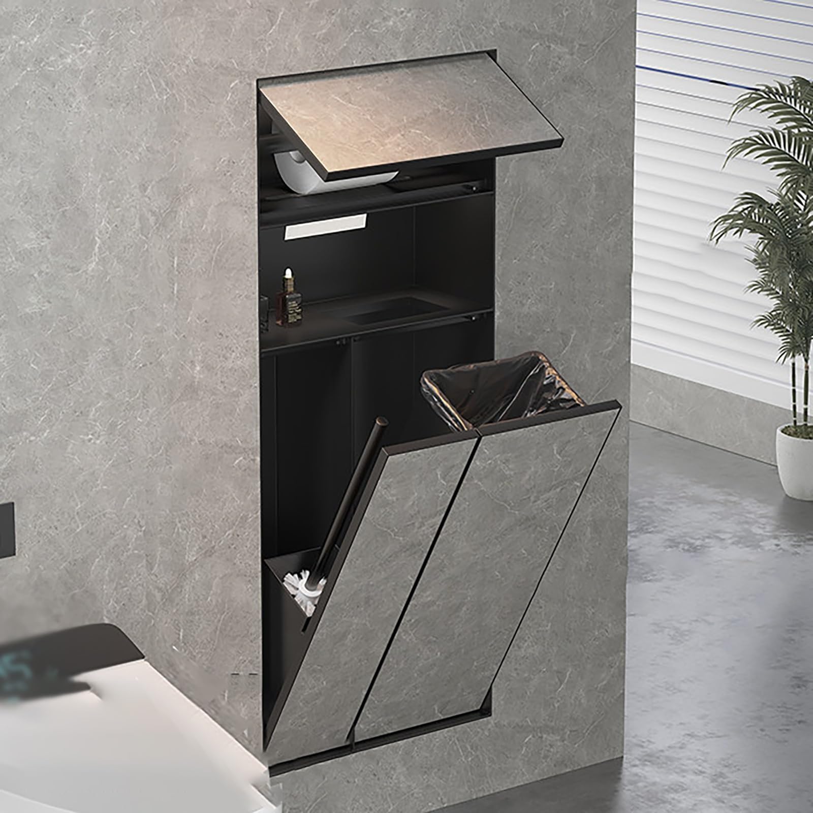 Poubelle cachée avec porte-papier toilette – Poubelle murale encastrée pour salle de bain, bureau, maison et hôtel