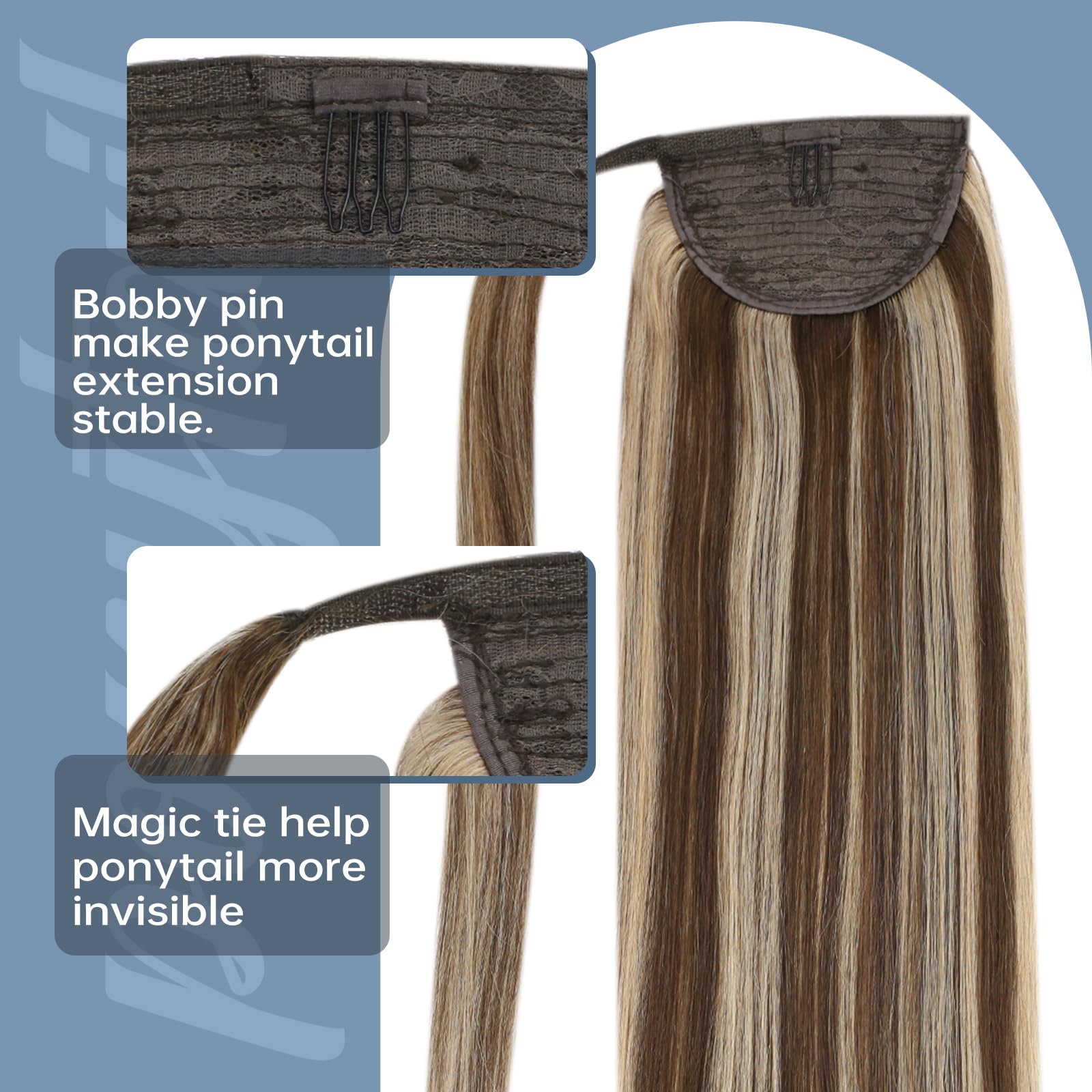 Fshine Ponytail Hair Extension Capelli Coda 50 cm 80 Grammo Capelli Veri Lisci Castano Medio Con Riflessi Biondo Clip in Coda Di Cavallo Capelli Umani Brasiliani 4P27