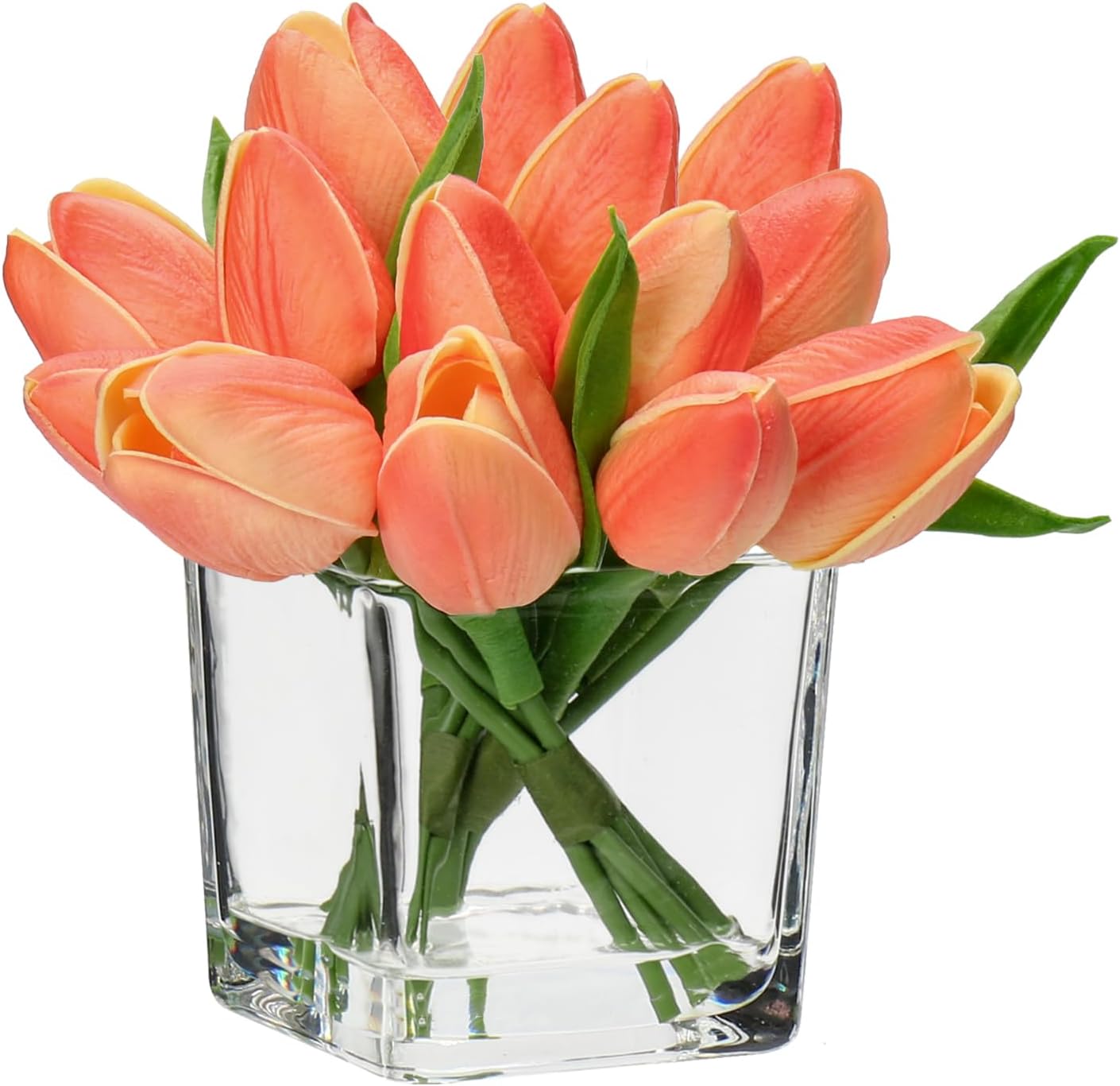 DILATATA Artificial Peach Tulips in Vase with Faux Water 5.5" Real Touch Flowers Fake Tulips Small Flowers Arrangement in Cube Glass Vase for Mother's Day Table Centerpiece Wedding Home Decor
