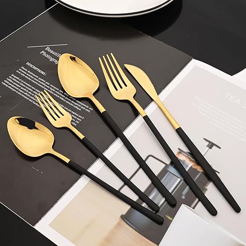 Miniatura 2 de JASHII Juego de cubiertos delgados de 20 piezas, acero inoxidable 1810 con chapado en oro de titanio, juego de cubiertos de mango negro, incluye