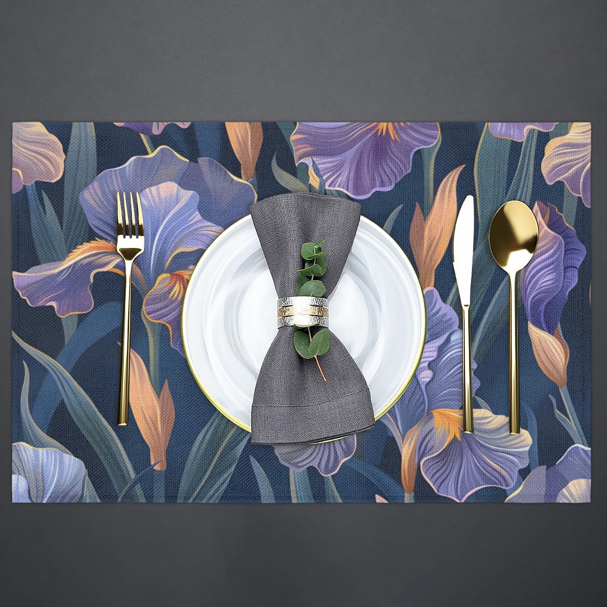 Purple Iris Flower Pattern Placemats Set of 6 Washable Kitchen Dining Table Mats 12 x 18 Inch Modern Cloth Place Mats Non-Slip Heat Resistant Placemats for Home Kitchen Dinner Party Decor