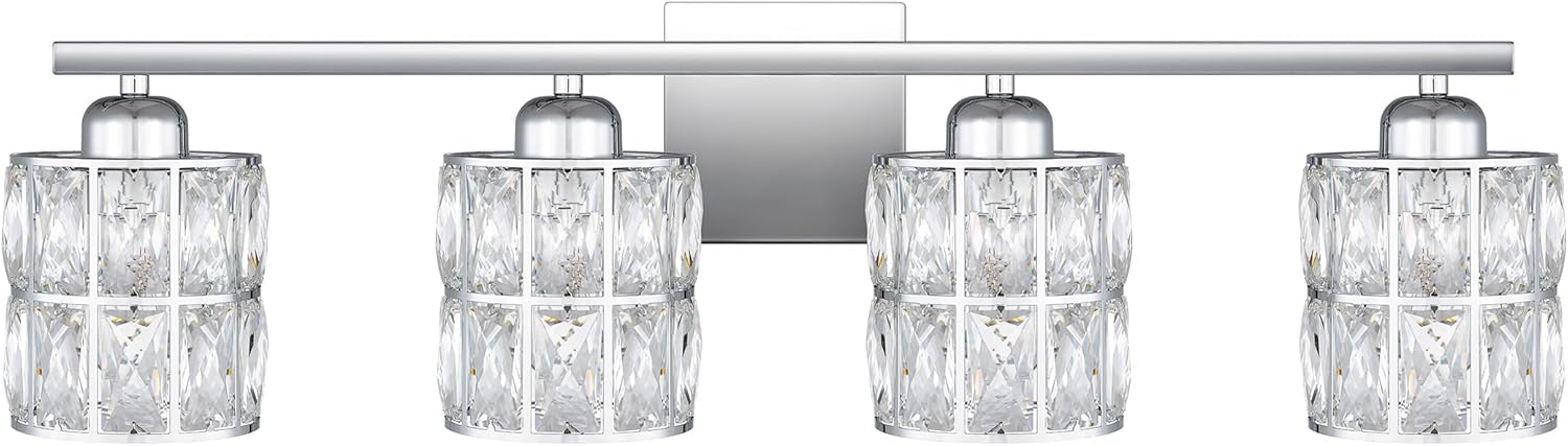 Quoizel Gibson Bath Vanity Lights, 30 Inch 4-Light Polished Chrome Bathroom Lighting Fixtures Over Mirror, Clear Beveled Crystal Shade, Contemporary Wall Mount Light for Bathrooms, Kitchen or Hallway