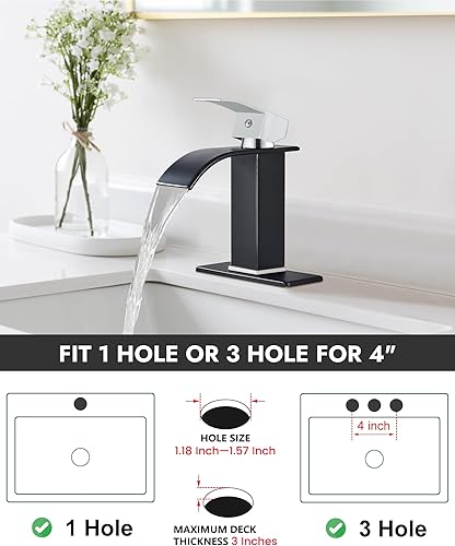 Miniatura 4 de Midanya Grifo de lavabo de baño en cascada, mango cromado pulido, negro mate, boquilla ancha, montaje en cubierta, grifo mezclador de lavabo de