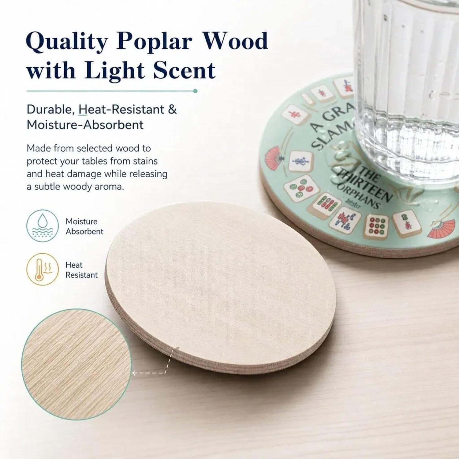 8 Pack Mahjong Coasters, 3.94" Poplar Wood Drink Coasters, Mahjong Mat & Accessories Gifts for Mahjong Lovers, Heat Resistant Table Protectors for Game Night Party Supplies(Circular) image 5
