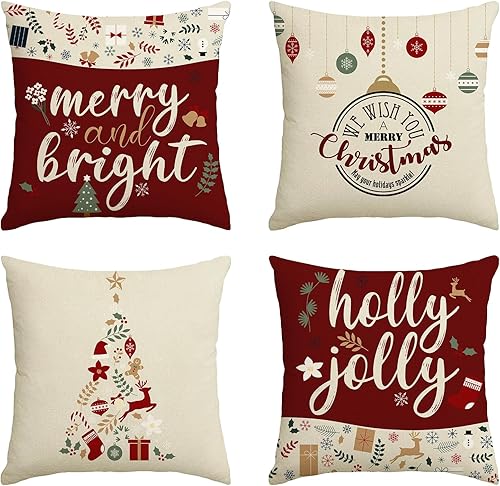 Juego de 4 fundas de almohada decorativas de Navidad de 18 x 18 pulgadas, fundas de almohada decorativas de Navidad con diseño de árbol de Navidad,