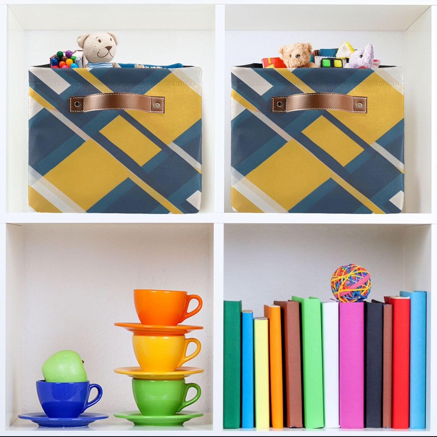 Foldable Storage Basket with Handles Simple Checkered Blue Yellow Fabric Kitchen Baskets Open Home Storage Bins Boxes Organizer Bag for Baby Cloth Pet Toy Book Shelf Closet Baskets 14.2” x 10.2” x 8.3