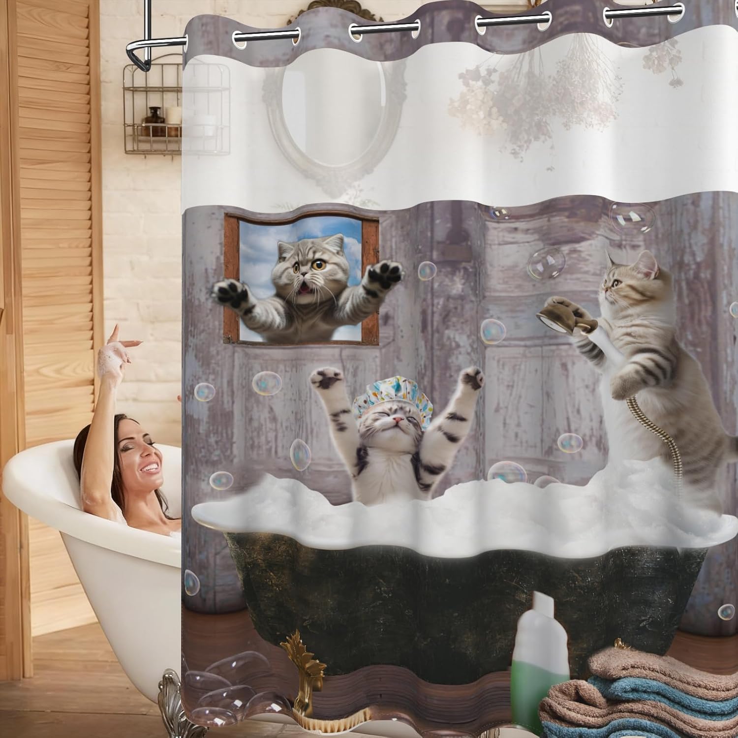 No Hook Shower Curtain with Snap in Liner Set, Cat Bathroom Party Design Shower Curtains for Bathroom Decor, Washable Fabric Shower Curtains with Sheer Top Window and Built-in Weighted Hem, 71x74 Inch