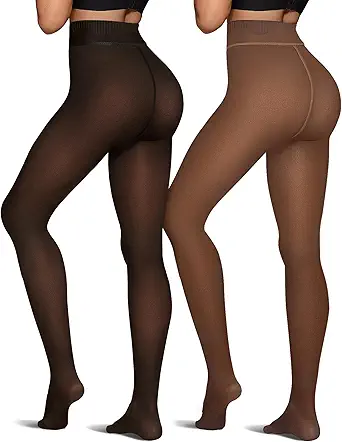 OEAK Womens 2 Pairs Fleece Lined Tights Leggings Sheer Fake Translucent Pantyhose Thermal High Waisted Footed Opaque Tights