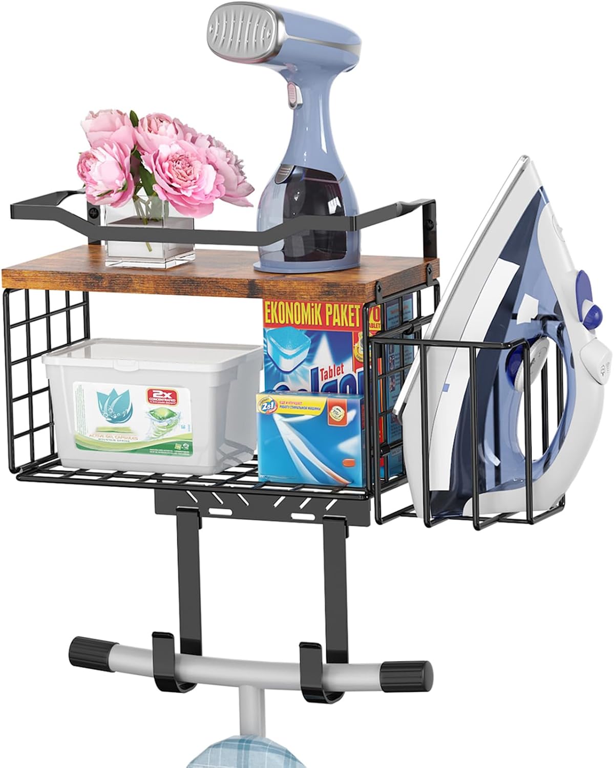 Ironing Board Hanger Wall Mount, 2-Layer T&Y Iron Board Holder with Ironing Caddy, Metal Ironing Board Holder Storage Organizer, Floating Wood Shelf for Laundry Room Decor Accessories Organization