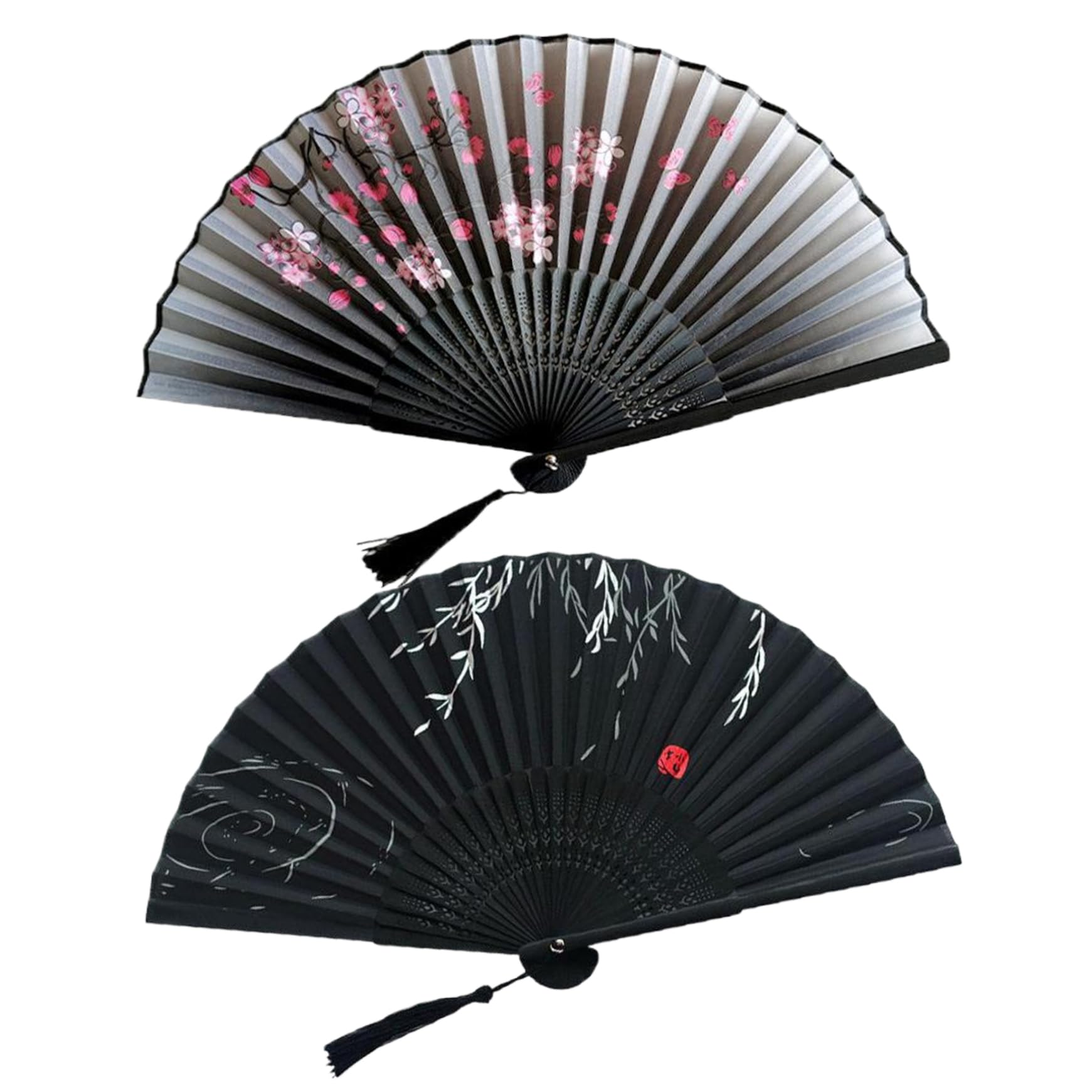 Tsawntd 2Pcs Folding Hand Fan 2 Styles Chinese Fan Silk Cloth Bamboo Hand with Tassel Hollowed Carving Handheld for Dance Performance Wall Decoration Chinese Folding Fans Handheld