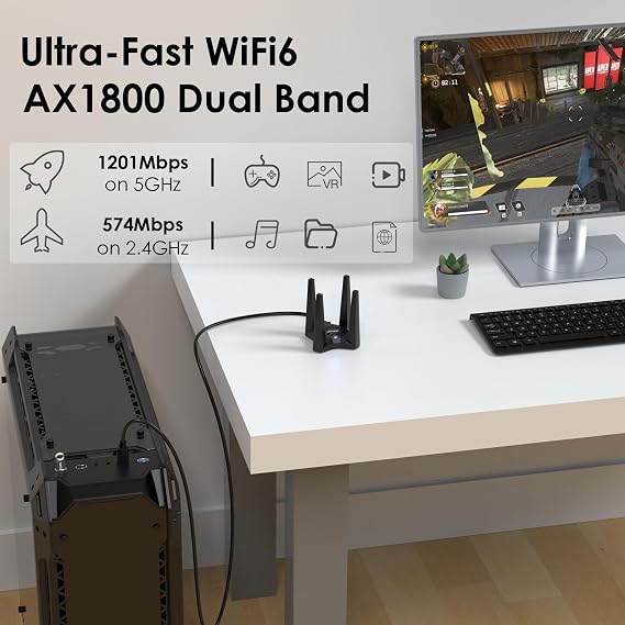 WAVLINK AX1800 USB WiFi 6 Adapter, Dual Band 5GHz/2.4GHz USB 3.0 WiFi Adapter for Desktop PC Laptop, Wireless Adapter with 4x3dBi High Gain Antennas, MU-MIMO, OFDMA, WPA3, Supports Windows 11/10 Only