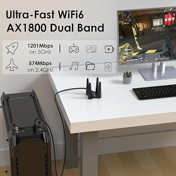 WAVLINK AX1800 USB WiFi 6 Adapter, Dual Band 5GHz/2.4GHz USB 3.0 WiFi Adapter for Desktop PC Laptop, Wireless Adapter with 4x3dBi High Gain Antennas, MU-MIMO, OFDMA, WPA3, Supports Windows 11/10 Only